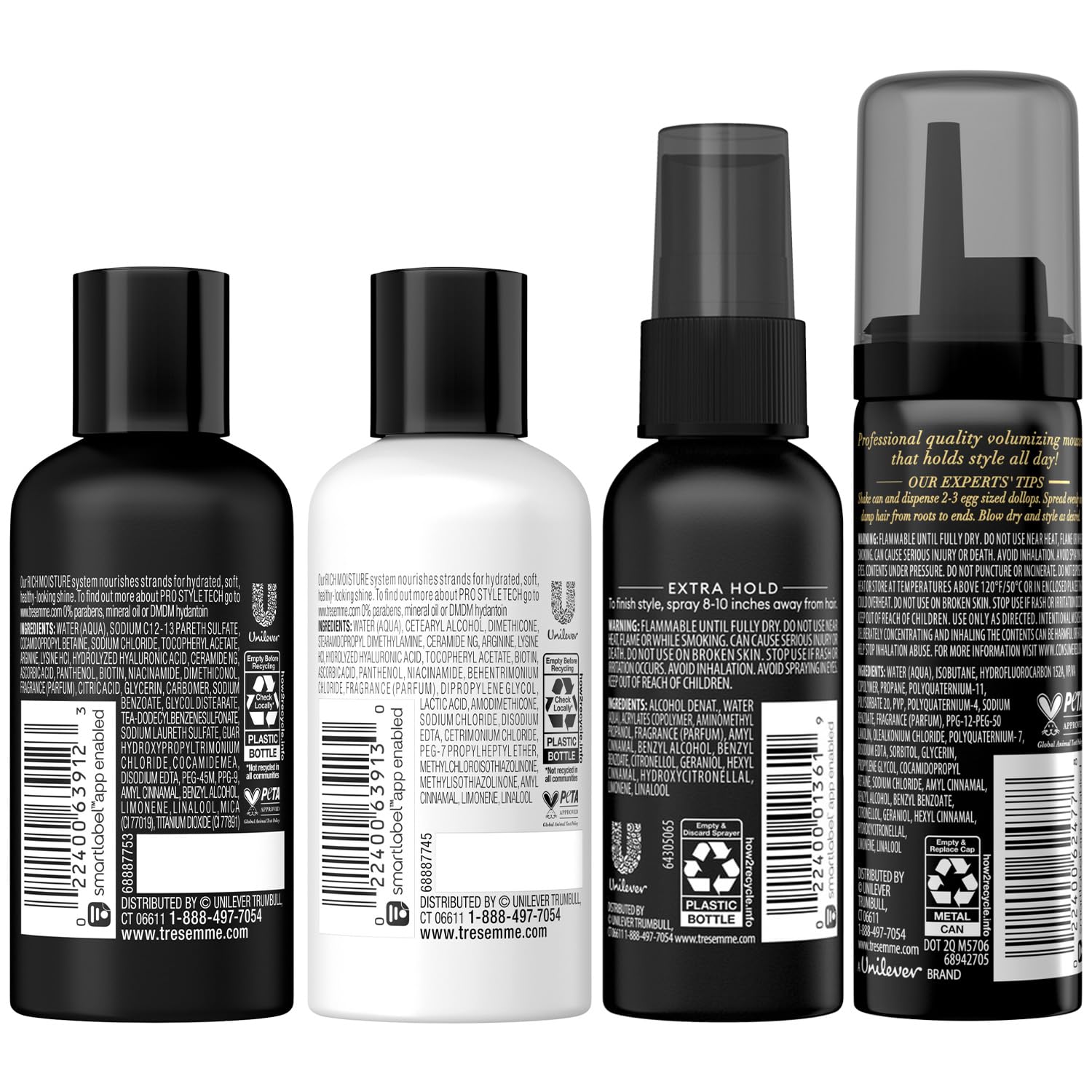 TRESemmé Travel Shampoo, Conditioner, Hairspray & Hair Mousse – Rich Moisture Hair Products + Non-Aerosol Hair Spray & Alcohol-Free Mousse, 24H Frizz Control (4 Piece Set)