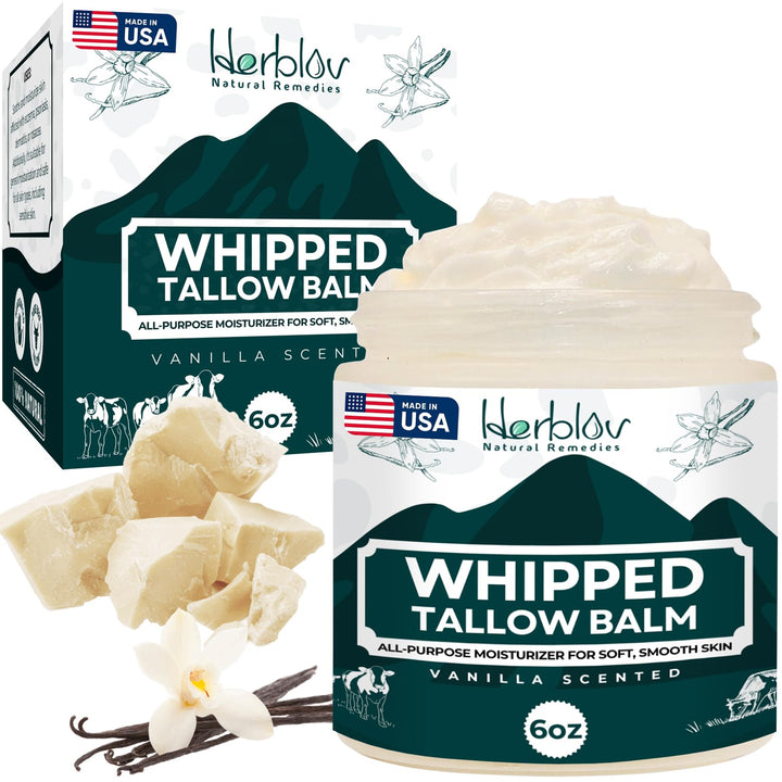 Beef Tallow Balm – Natural Grass Fed Whipped Tallow and Honey All Purpose Balm – Moisturizing Face and Body Lotion for Eczema, Cracked, Dry, Itchy, Irritated Skin – Skin Repair Made in USA (Vanilla)