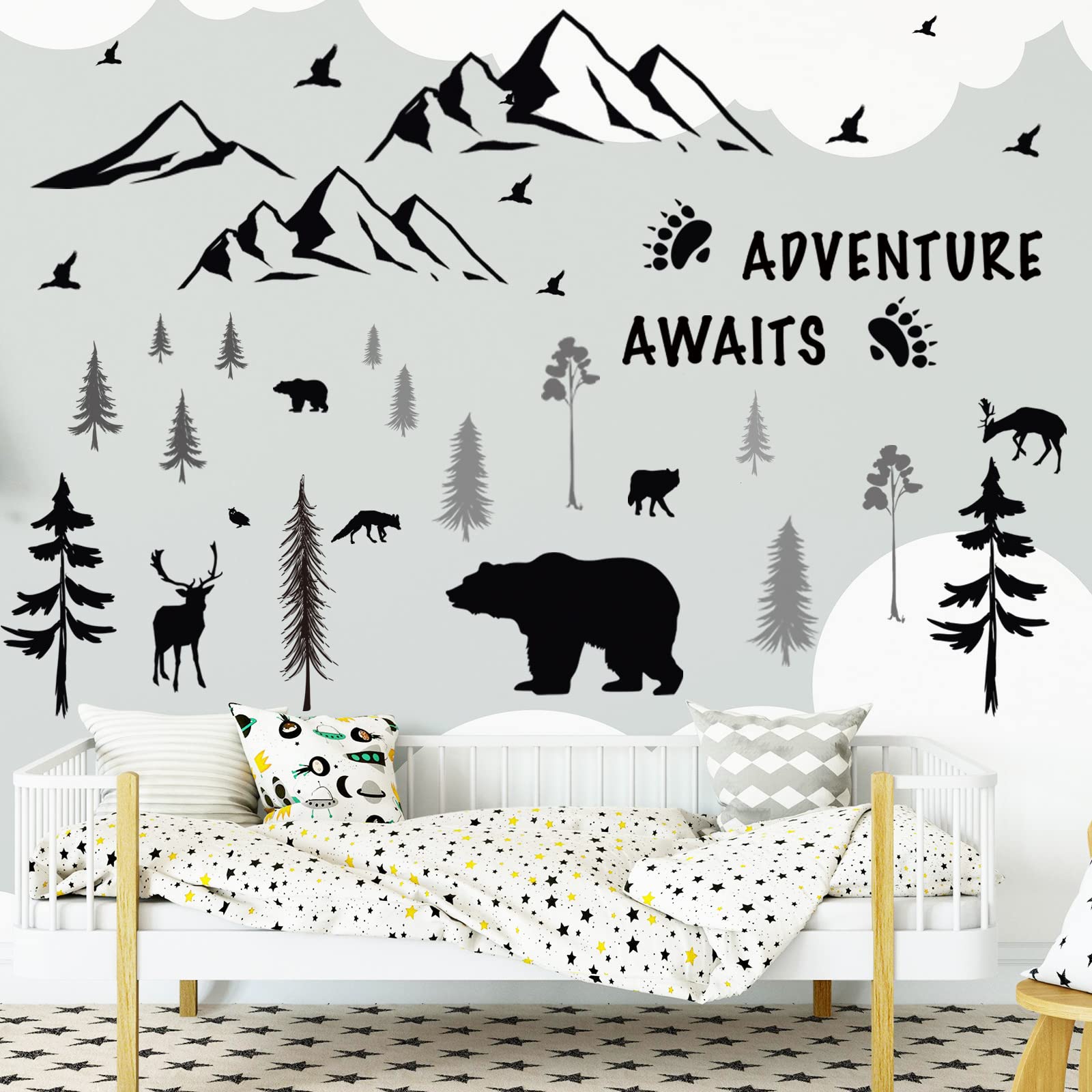 Chinco 4 Sheets Mountain Wall Decal Rustic Wall Stickers Nursery Dreamy Forest with Pine Tree Deer Peel and Stick Inspirational Quote Decals DIY for Kids' Room (Black,11.81 x 9.45 Inches)