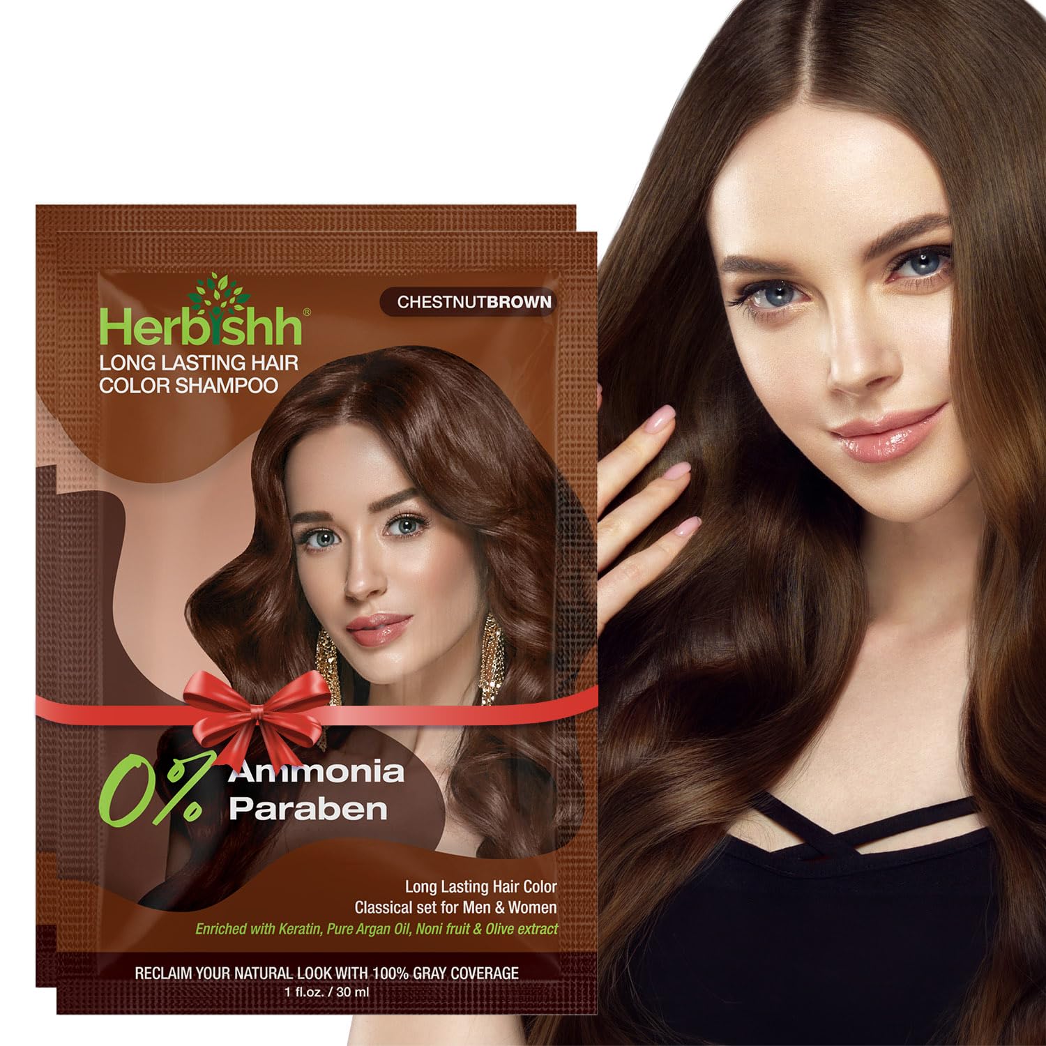 Herbishh Travel Pack Hair Dye Color Shampoo in Sachet + 1pc Argan Hair Mask Sachet (Chestnut brown, 2 sachets)