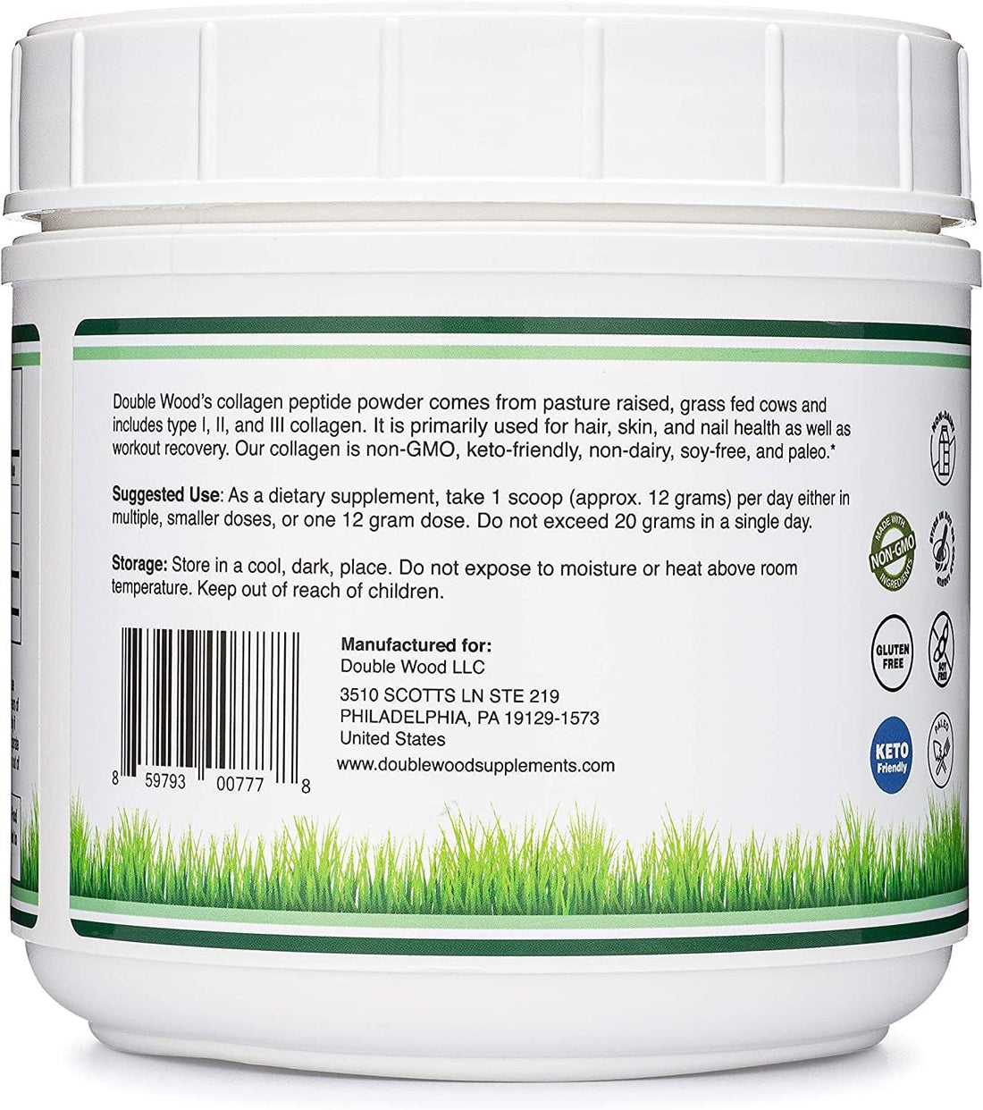 Collagen Peptides Powder - Hydrolyzed Collagen, Keto Safe - 16.08oz - Multi Type 1, 2, and 3 (Grass Fed Bovine Source)(Colageno Hidrolizado) Collagen Supplements for Women and Men by Double Wood