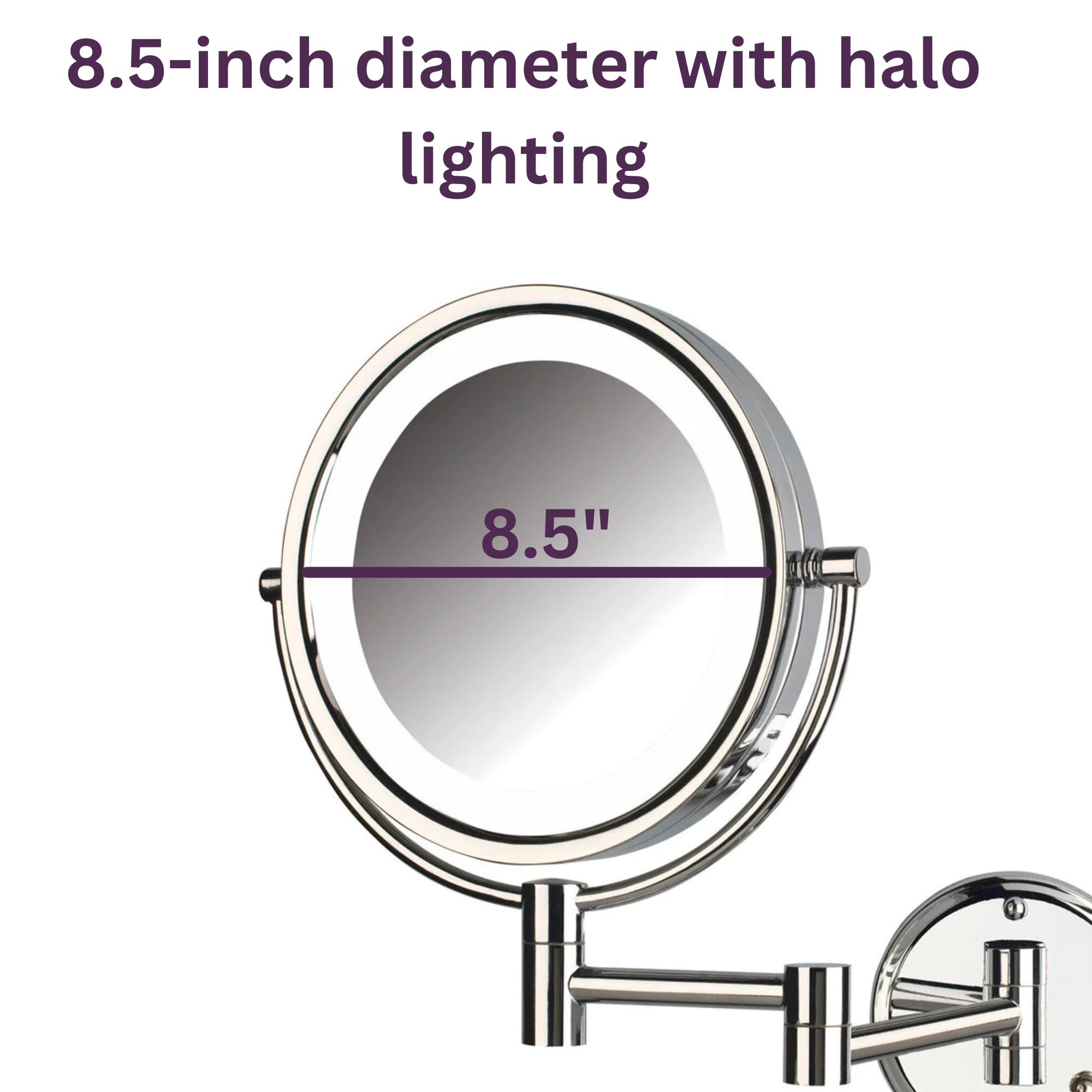 Jerdon Two-Sided Wall-Mounted Makeup Mirror with Lights - Lighted Makeup Mirror with 8X Magnification & Wall-Mount Arm - 8.5-inch Diameter Mirror with Chrome Finish Wall Mount - Model HL88CL
