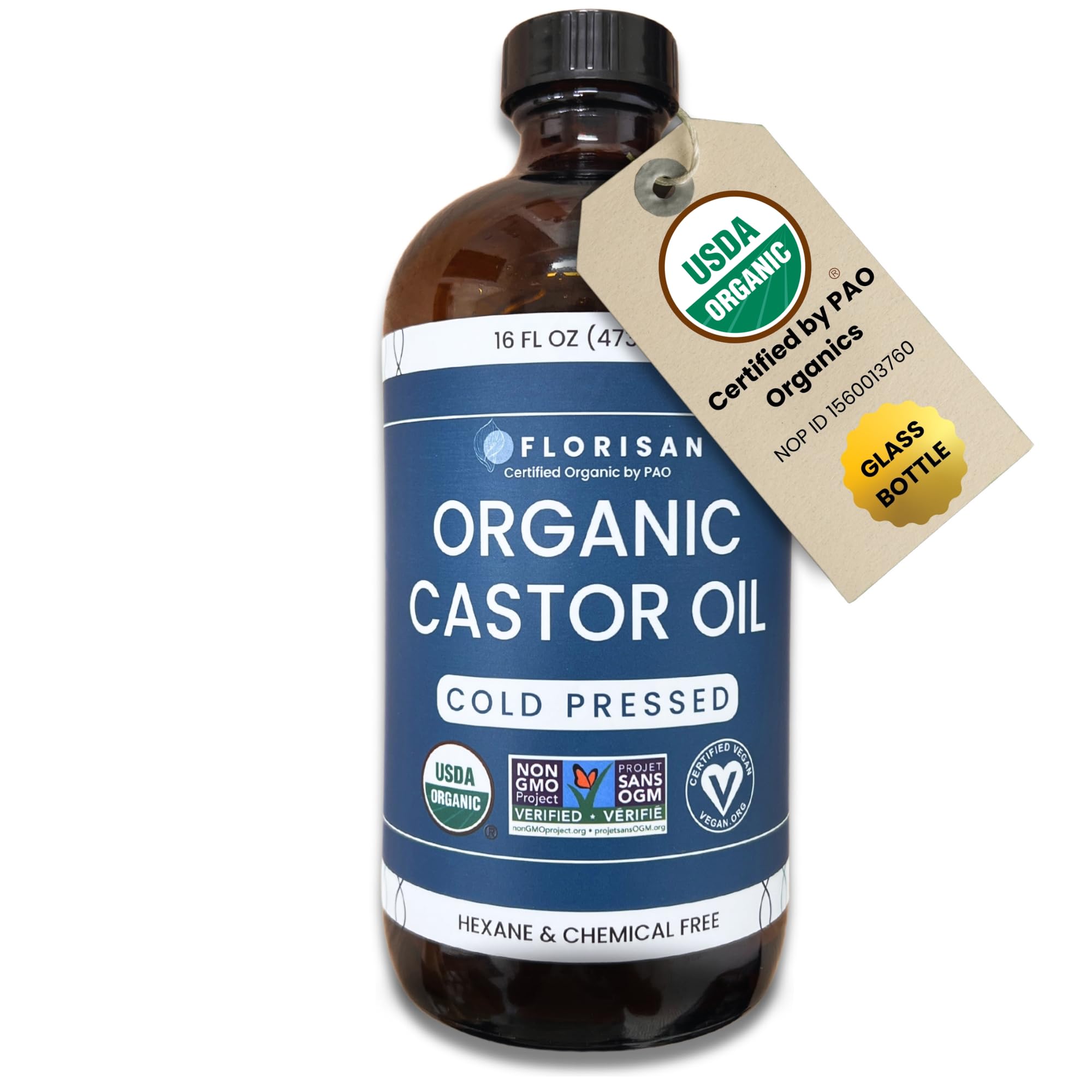 Florisan Organic Castor Oil, EWG Verified & USDA Organic Certified, 16oz, Cold-Pressed, Hexane-Free, Non-GMO, For Hair, Skin, Lashes, Brows, 100% Pure Castor Oil