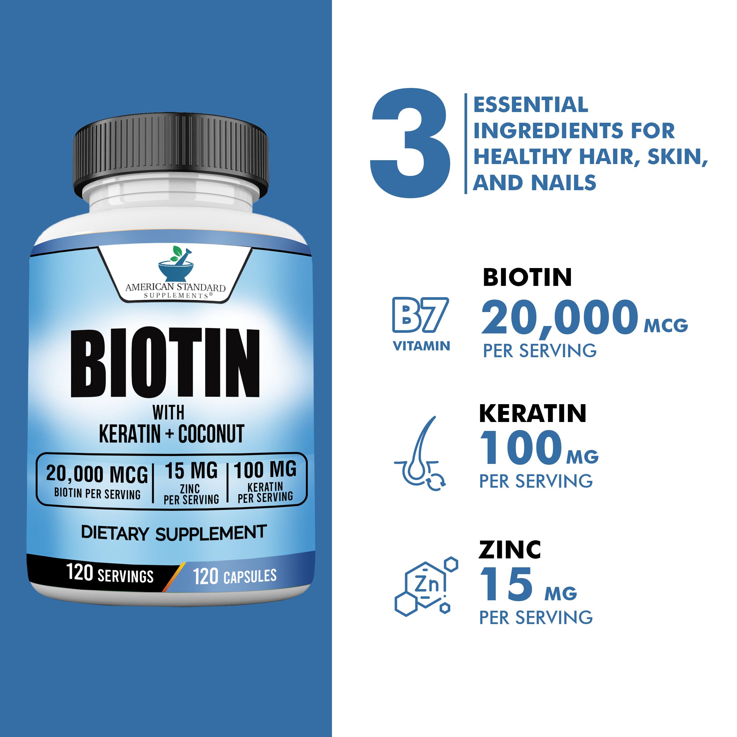 Biotin 20,000mcg with Keratin, Coconut Powder and Zinc, Hair Growth Supplements, Biotin Supplements, Healthy Hair Skin & Nails for Adults,120 Veggie Capsules, 120 Day Supply