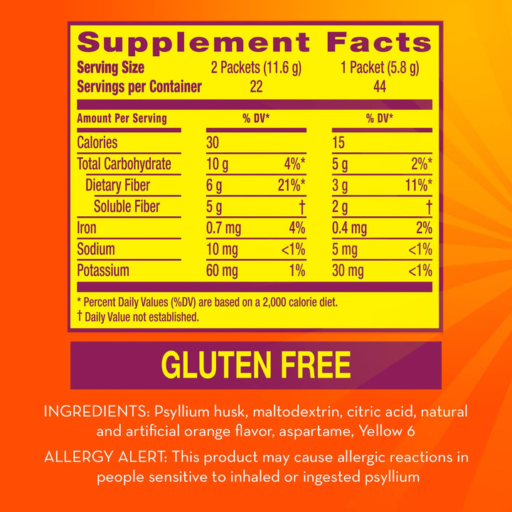 Metamucil On-The-Go, Daily Psyllium Husk Powder Supplement, Sugar-Free Powder, 4-in-1 Fiber for Digestive Health, Orange Flavored Drink, 44 Packets