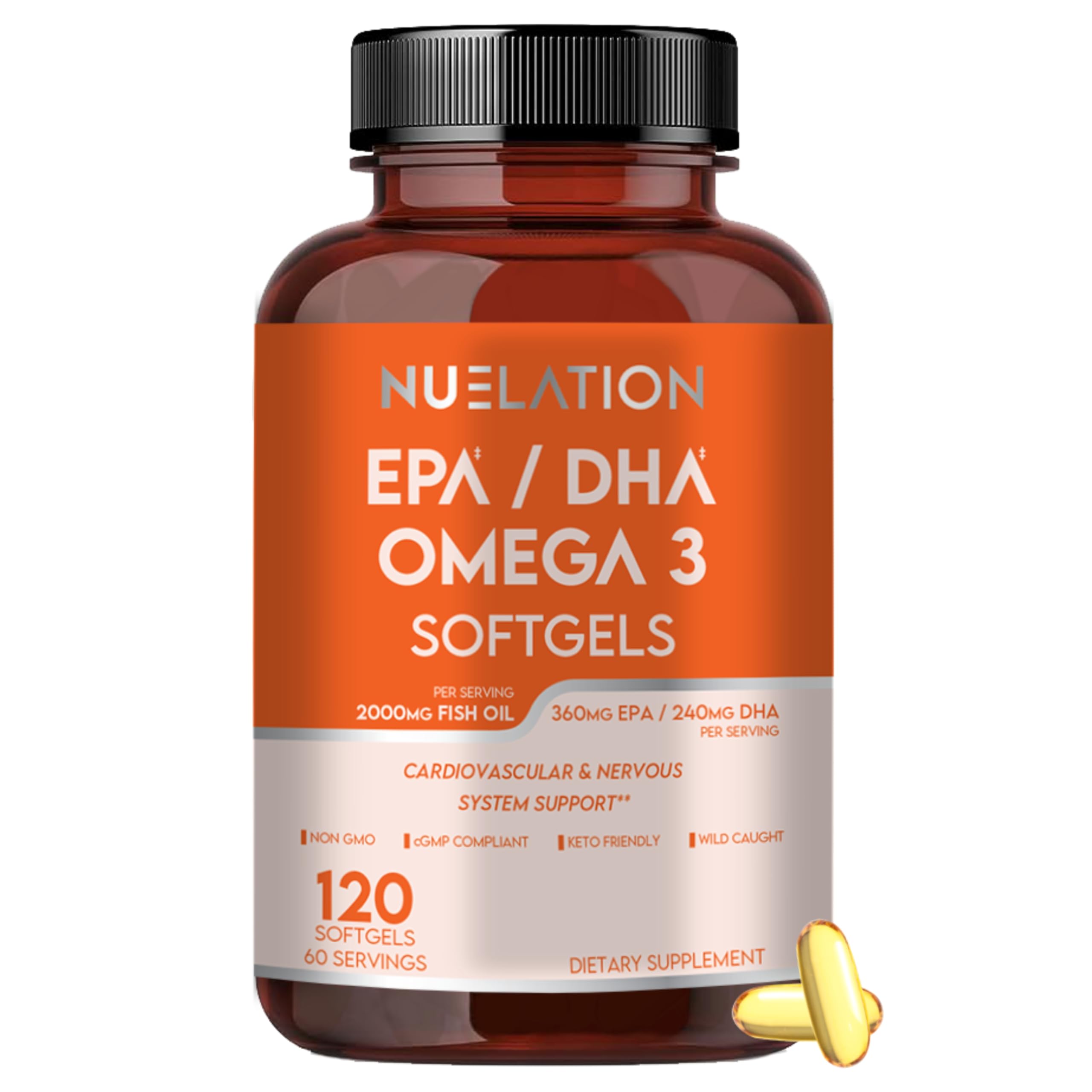 Omega 3 Fish Oil 2000mg. Fish Oil Omega 3 Supplements to Support Heart Health, Brain Functions and Cardiovascular System - Non-GMO, Gluten-Free & Keto-Friendly - 60 Servings, 120 Softgels