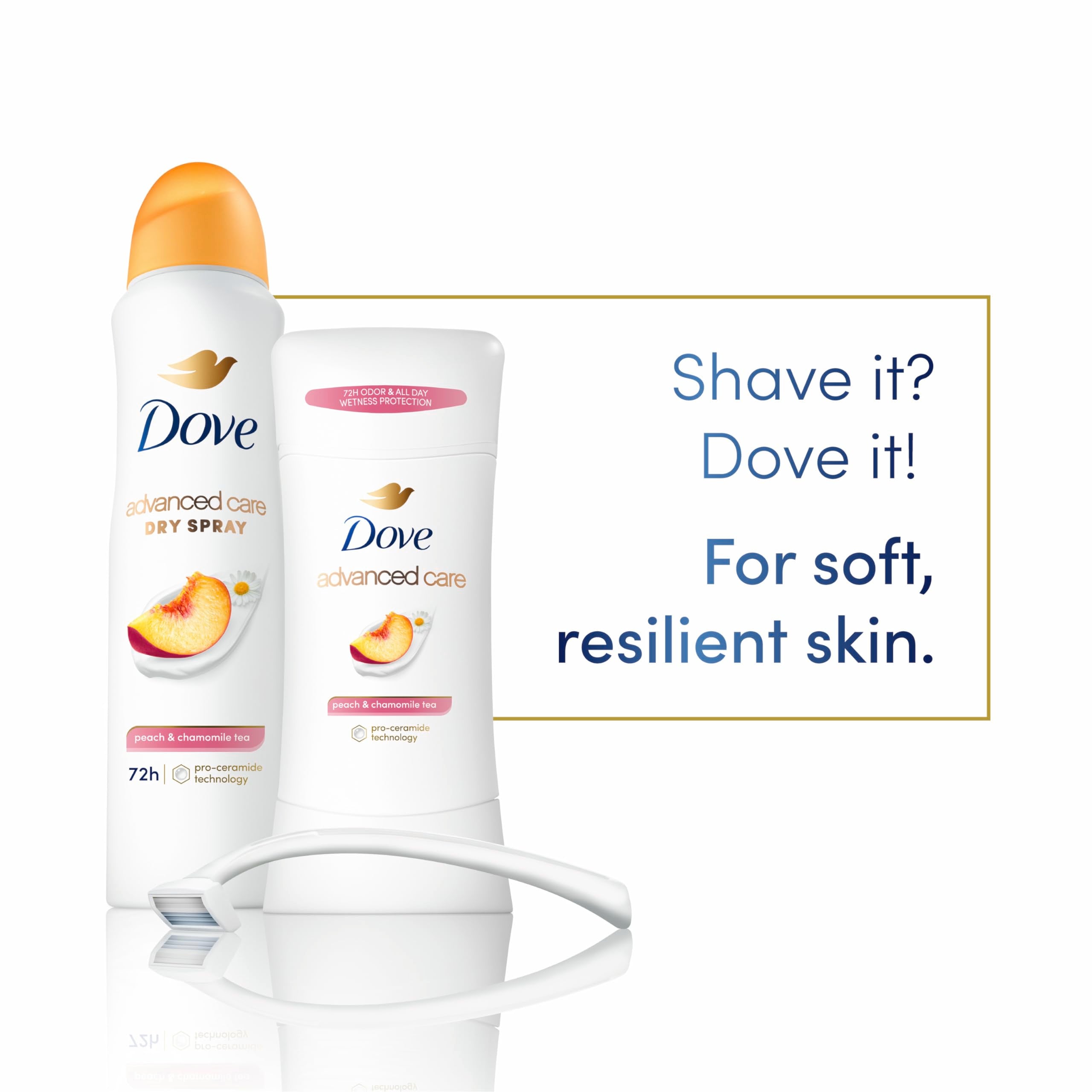 Dove Advanced Care Antiperspirant Deodorant Dry Spray Peach & Chamomile Tea 3ct underarm care boosts skin's ceramide levels 72hour odor control &all-day sweat protection ProCeramide technology 3.8 oz