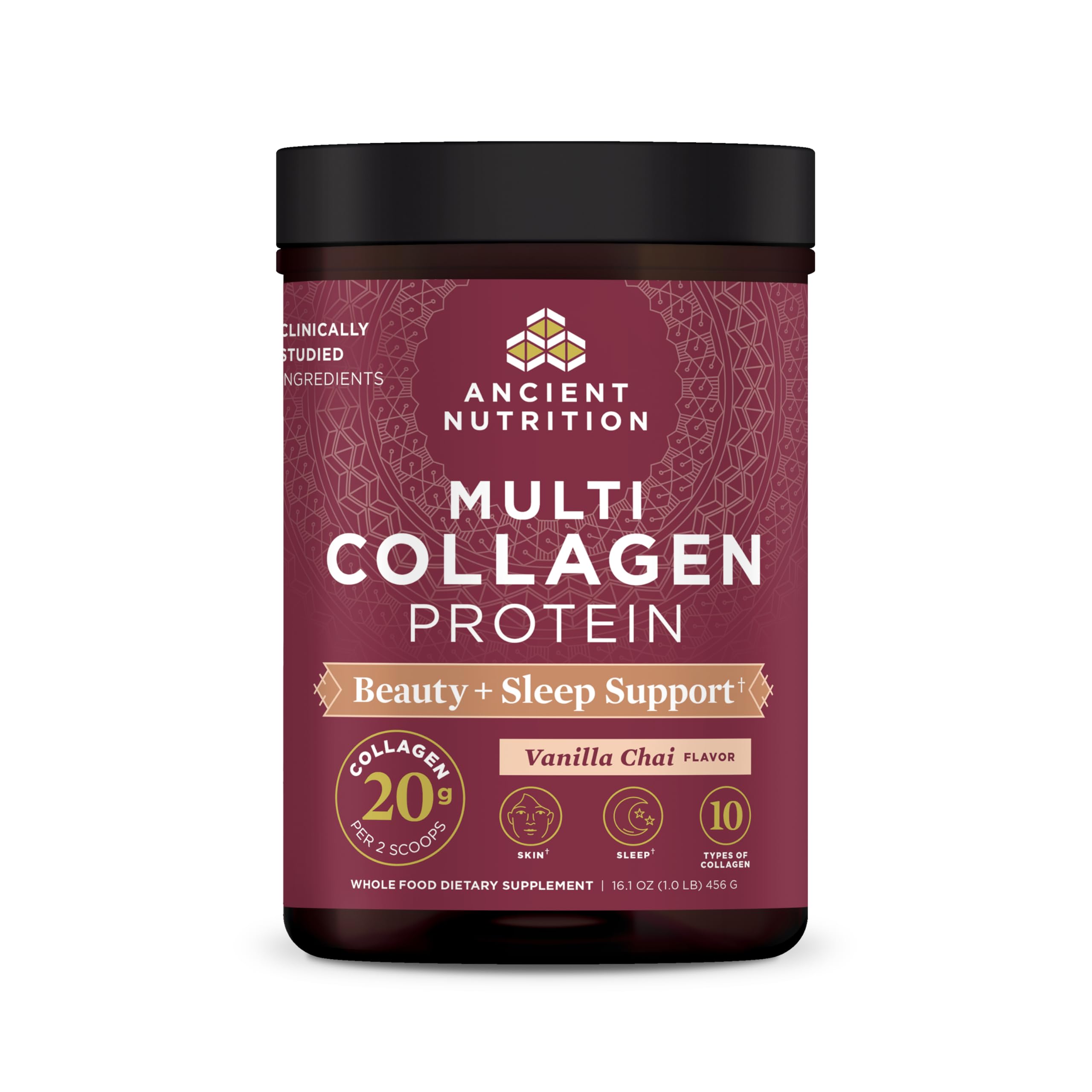 Ancient Nutrition Collagen Powder Protein, Multi Collagen Protein Beauty + Sleep with Vitamin C, Vanilla Chai, Hydrolyzed Collagen Peptides Supports Skin and Nails, Sleep, 16.1oz