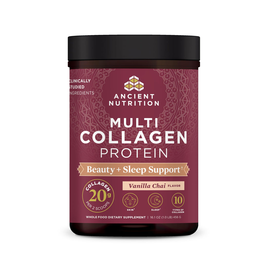 Ancient Nutrition Collagen Powder Protein, Multi Collagen Protein Beauty + Sleep with Vitamin C, Vanilla Chai, Hydrolyzed Collagen Peptides Supports Skin and Nails, Sleep, 16.1oz