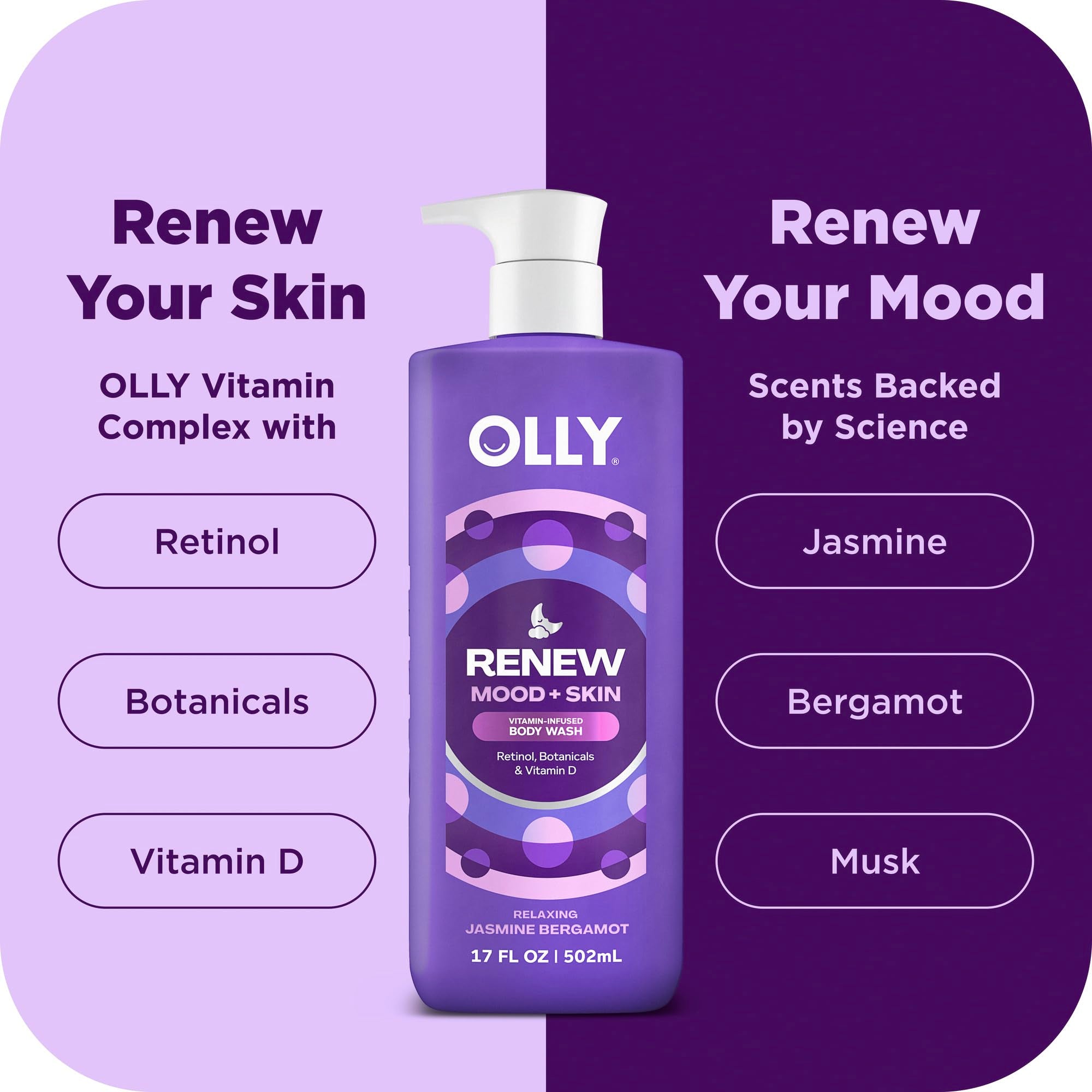 OLLY Renew Body Wash with Vitamin D, Retinol & Botanicals – Nourishing Cleanser for Skin Barrier Repair, Deep Hydration, Jasmine Bergamot Scent, 17oz