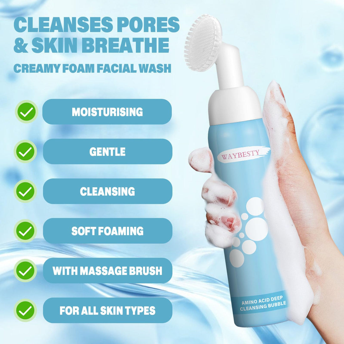 Foaming Facial Cleanser, Deep Cleansing Gentle Face Wash With Brush Head For Women PH Balancing Oil Control Non-Irritating Pore Face Cleanser for All Skin Types