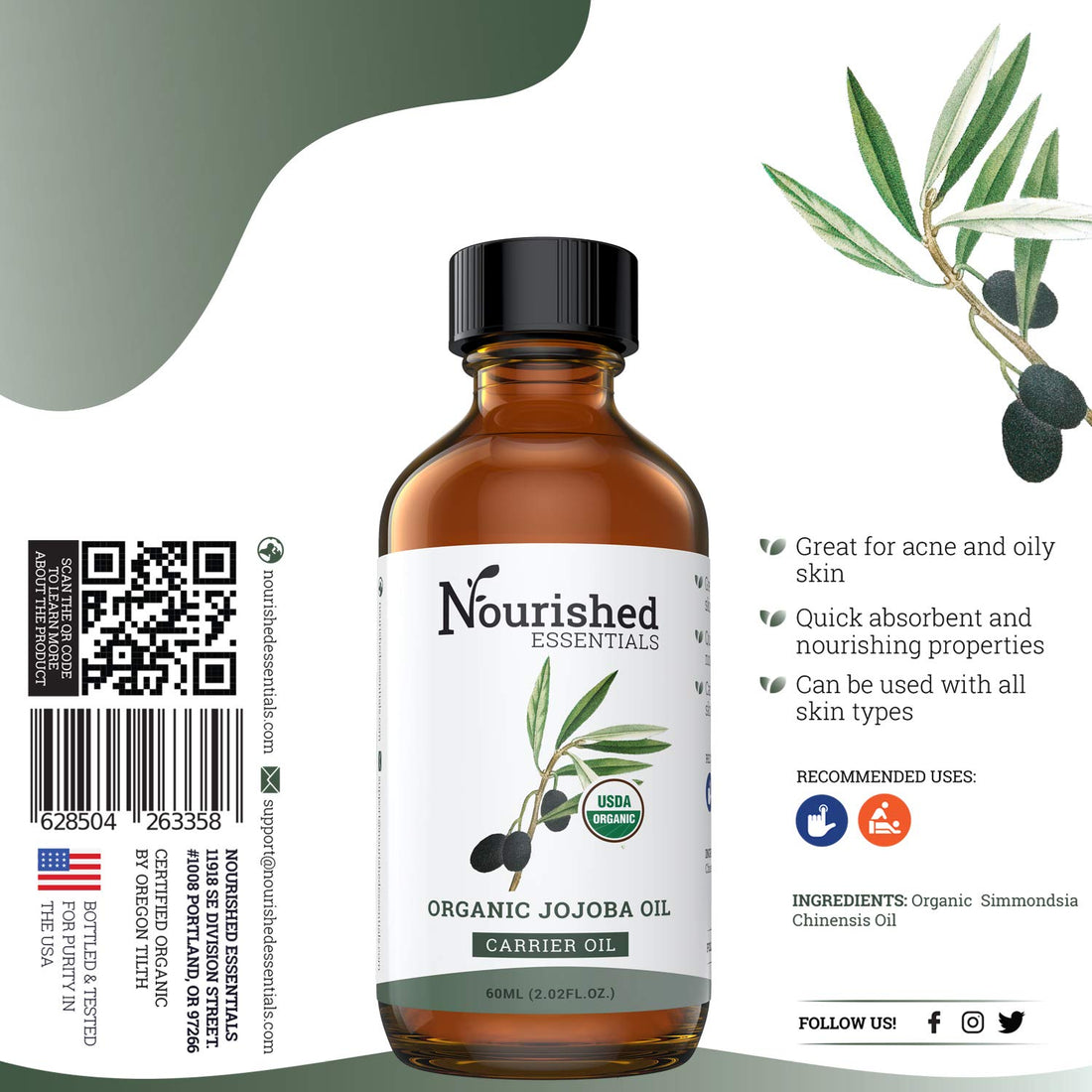 Organic Jojoba Oil -60 ml by Nourished Essentials, 100% Pure Natural Oils for Skin Care, Hair and Nails -Hydrating Carrier Oil for Essential Oils. 2 fl.oz/60ml