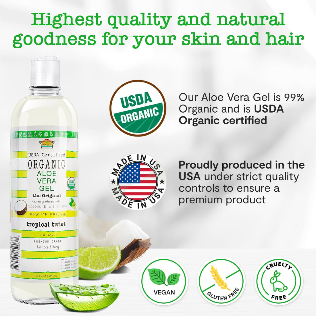 DEW ME DAILY USDA Certified Organic Aloe Vera Gel 12 oz - 100% Pure, Cold Pressed, Hand Harvested, Infused with Coconut, Lime & Verbena Essential Oils, Chemical-Free - Skin & Hair Care, Made in USA