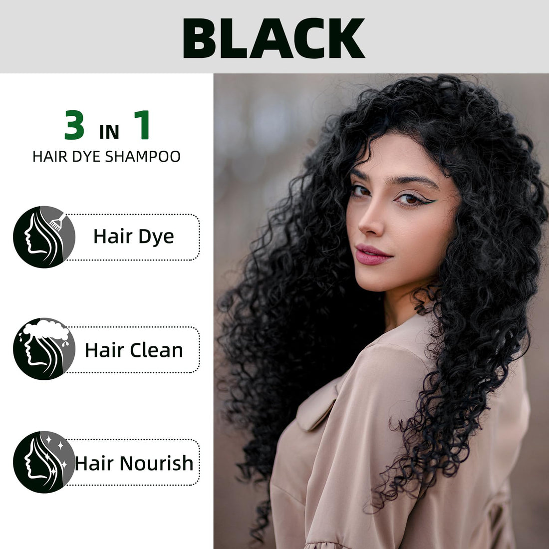 MOISTAR Black Hair Dye Shampoo 3 in 1 for Gray Coverage, Color Shampoo for Women/Men Instant Herbal Semi Permanent, 500ML