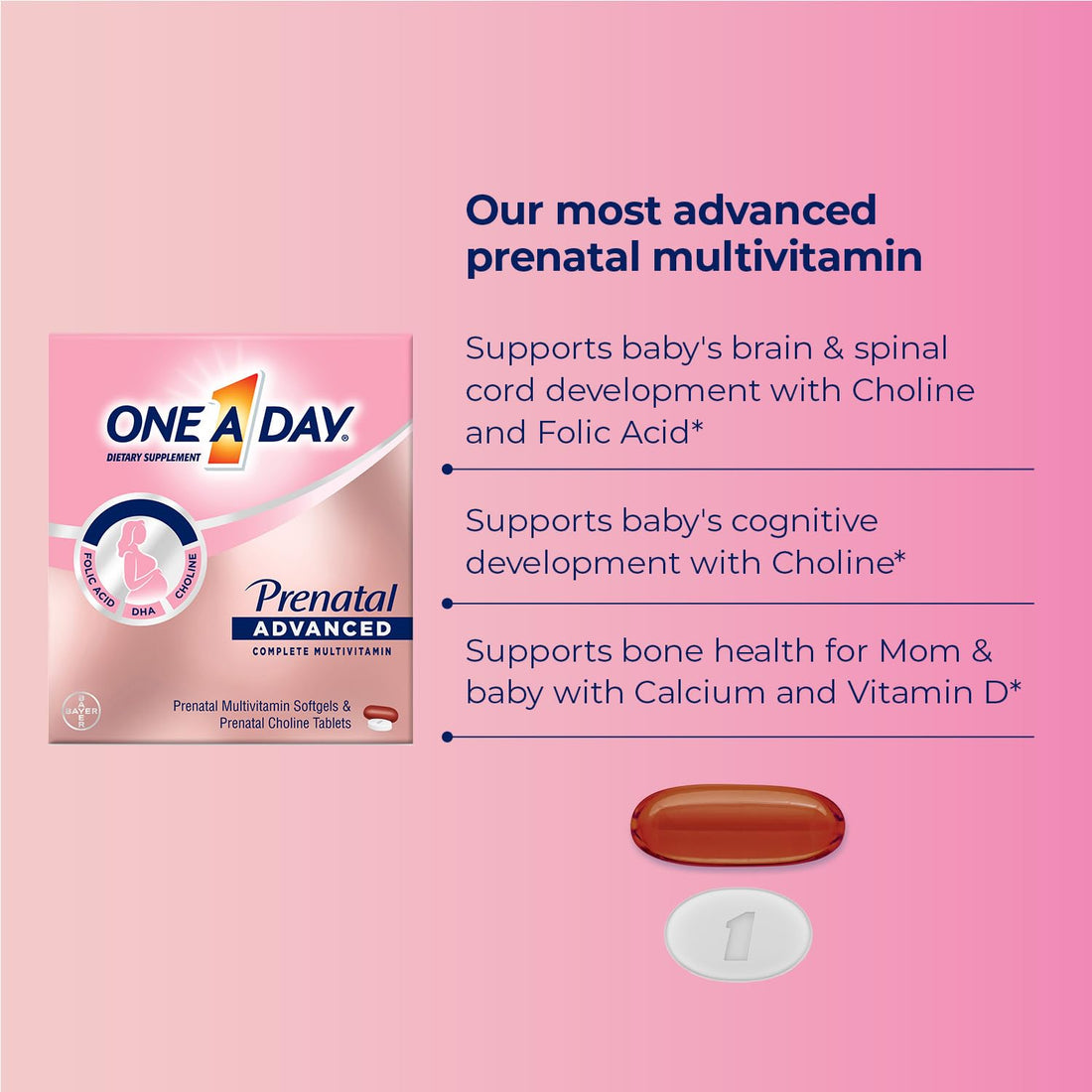 One A Day Womens Prenatal Advanced Complete Multivitamin with Brain Support* with Choline, Folic Acid, Omega-3 DHA & Iron for Pre, During and Post Pregnancy, 30+30 Count (60 Total Set)