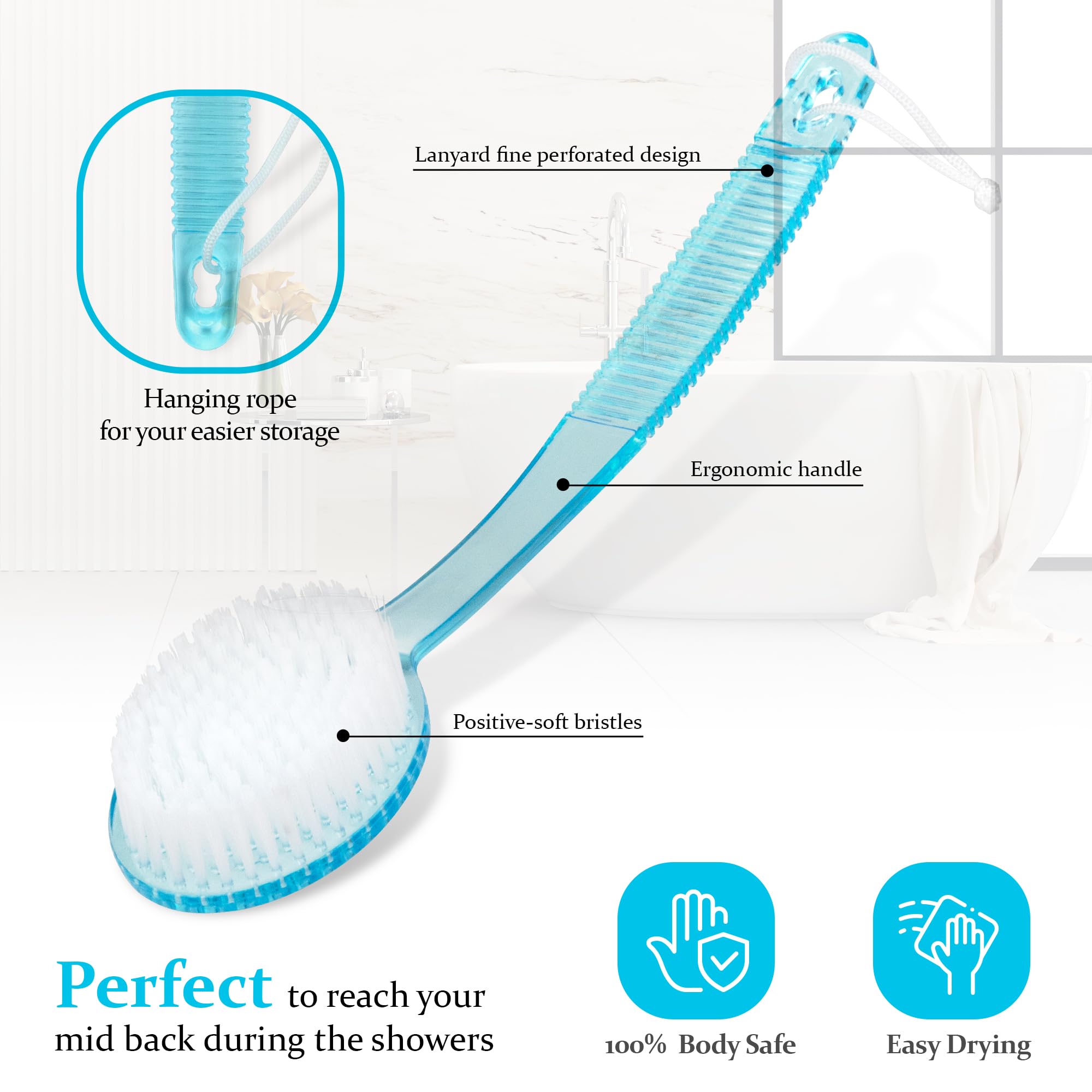 DecorRack Bath Brush with Bristles, Long Handle for Exfoliating Back, Body, and Feet, Bath and Shower Scrubber, Blue (1 Pack)