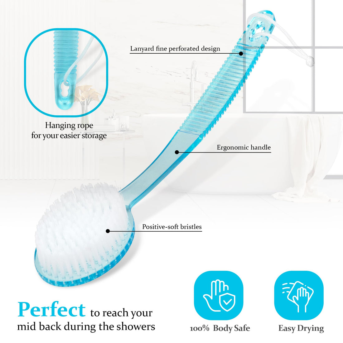 DecorRack Bath Brush with Bristles, Long Handle for Exfoliating Back, Body, and Feet, Bath and Shower Scrubber, Blue (1 Pack)