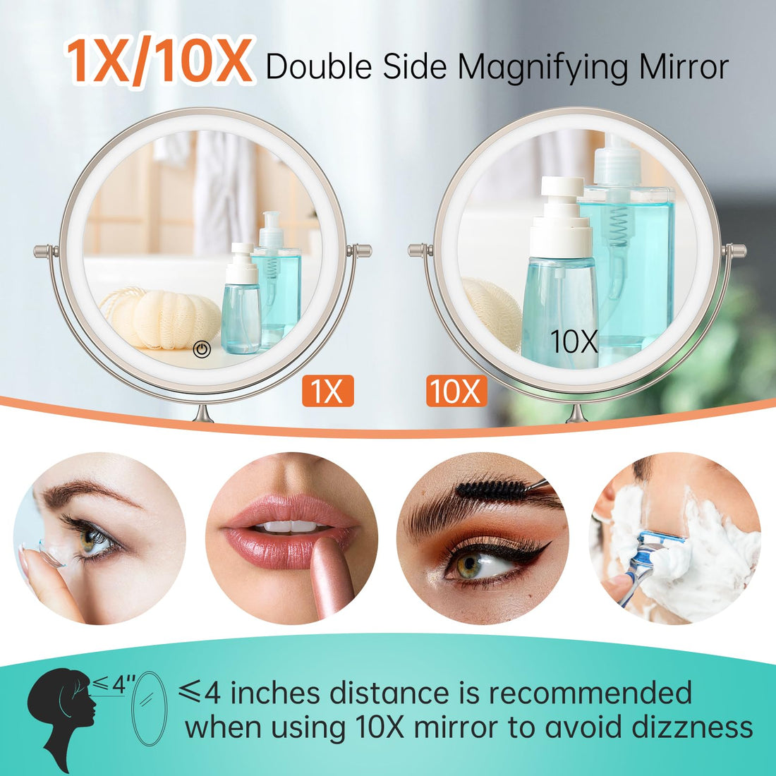 Rechargeable Wall Mounted Lighted Makeup Vanity Mirror 8 Inch Double Sided 1X 10X Magnifying Bathroom Mirror, 3 Color Lighting, Touch Screen Dimming, Extended Arm 360 Rotation Shaving Light up Mirror