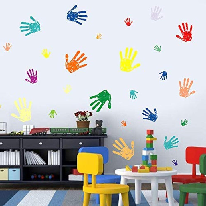 Colorful Hand Prints Wall Decal Sticker,Happy Everyday Colorful Small & Big Handprint Paint Peel and Stick DIY Easy to Install Stickers,Nursery Playroom Or Kids Room Decor