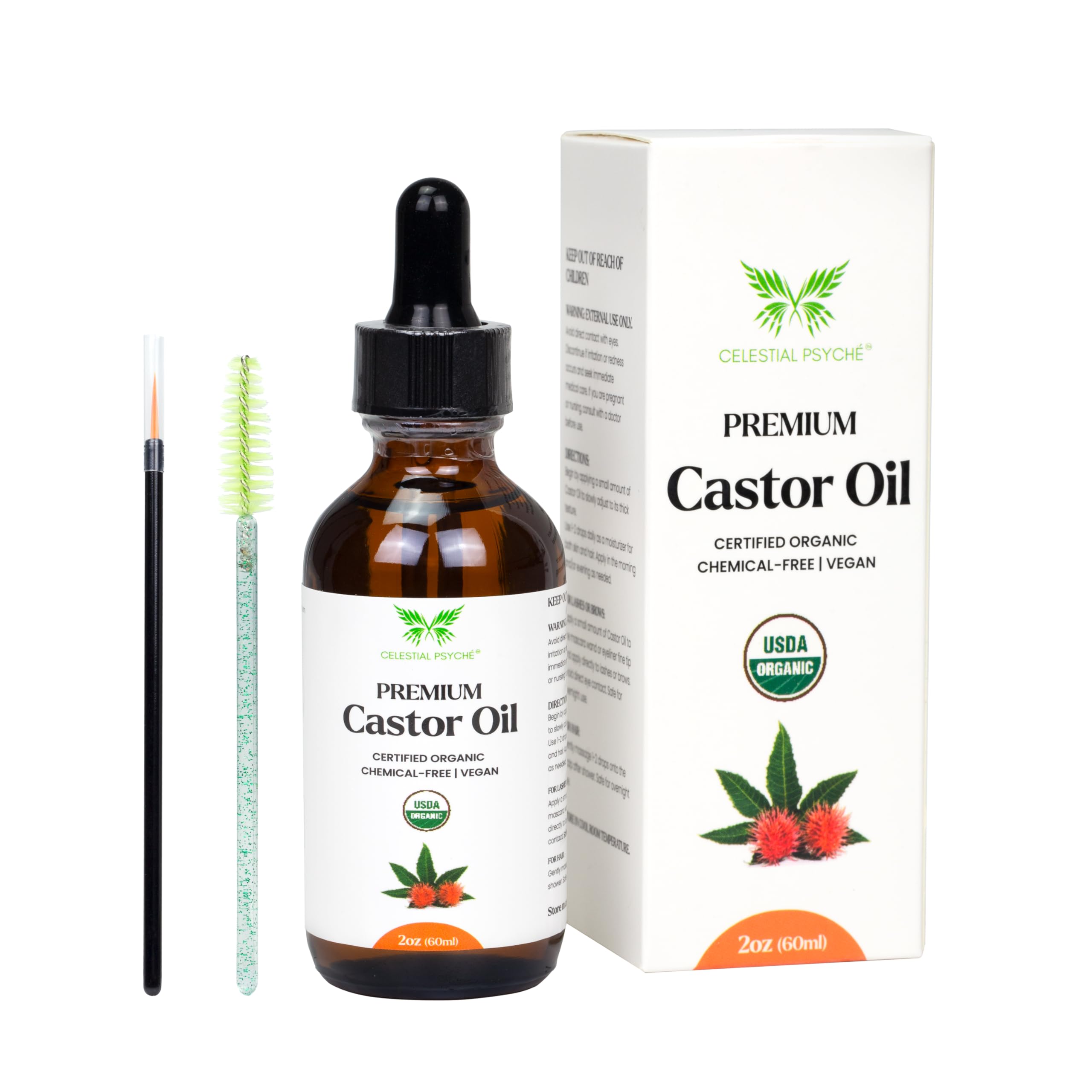 Celestial Psyché USDA Certified Organic Castor Oil (2 Oz with Essential Bundle - Eyebrow Kit) 100% Pure Natural, Chemical-Free, Hexane-Free, Promote Lash, Brow, and Hair Growth, Skin Hydration