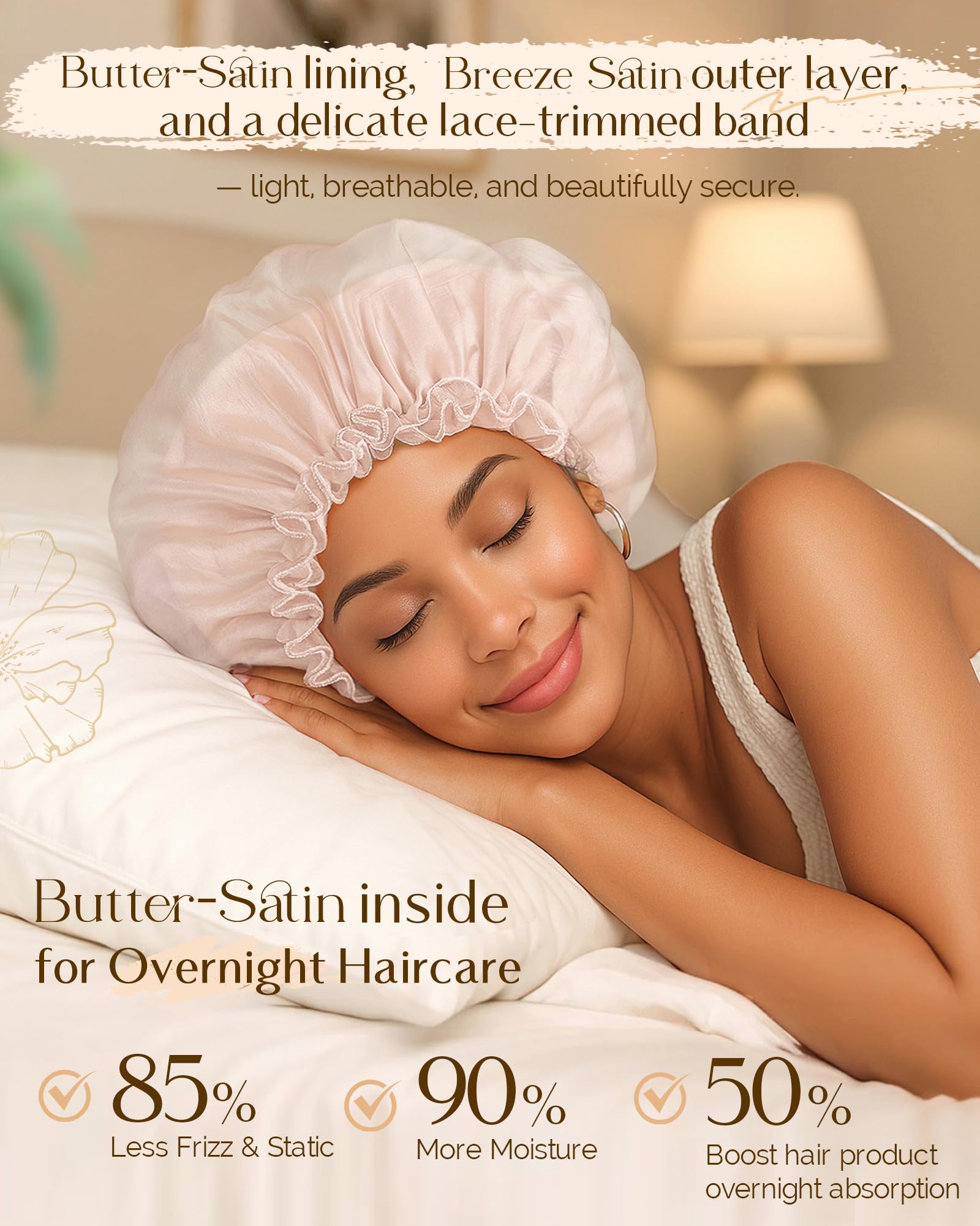 Yanibest Breathable Butter-satin Lined Bonnet, Silk Hair Bonnet for Sleeping Women, Night Cap for Curly Fine Straight Hair, Beige