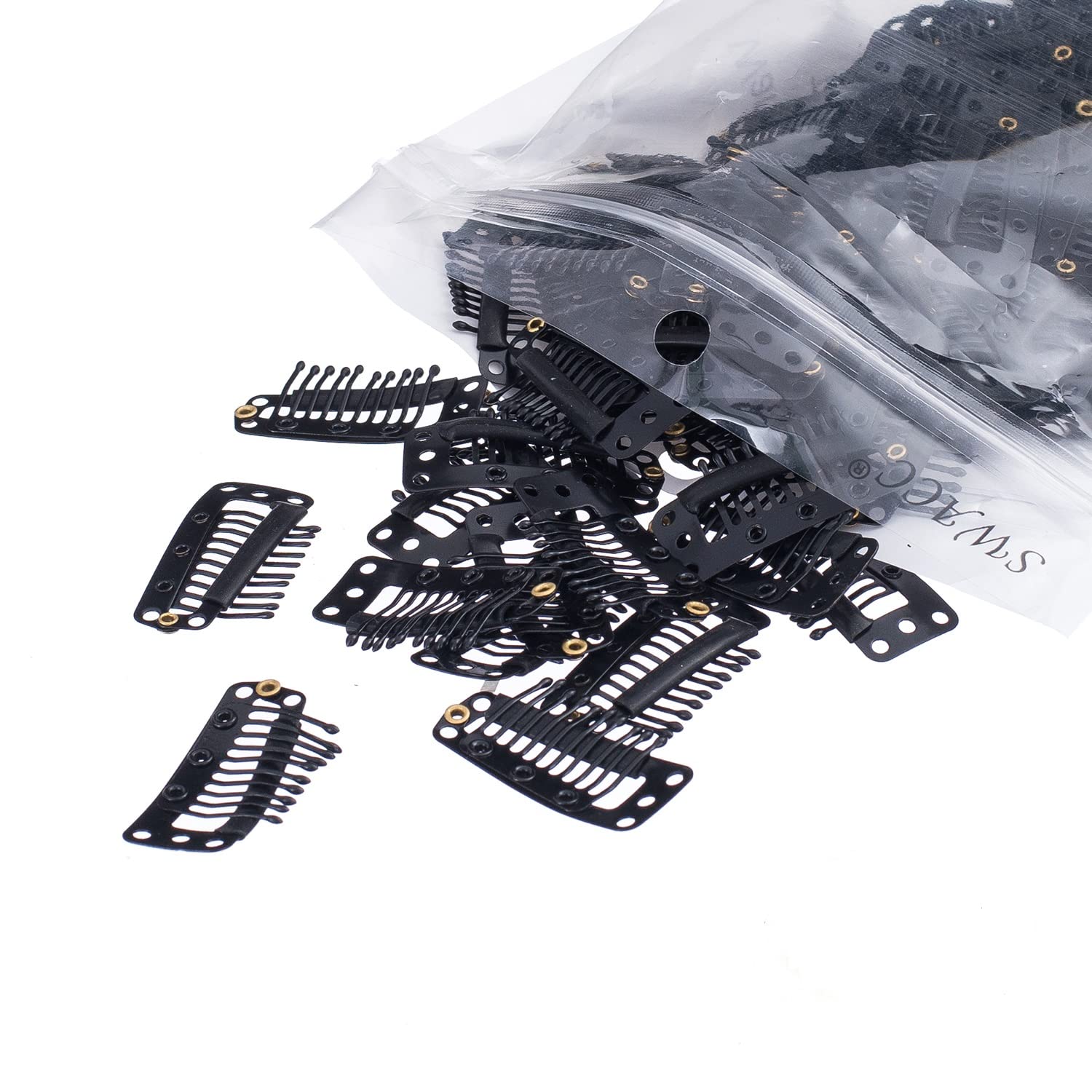 Black, 10-Teeth 9 holes : SWACC 100 Pcs U Shape Metailic Snap Clips ins for Hair Extension Hairpiece DIY Snap-Comb Wig Clips with Rubber (Black, 10-Teeth 9 holes)