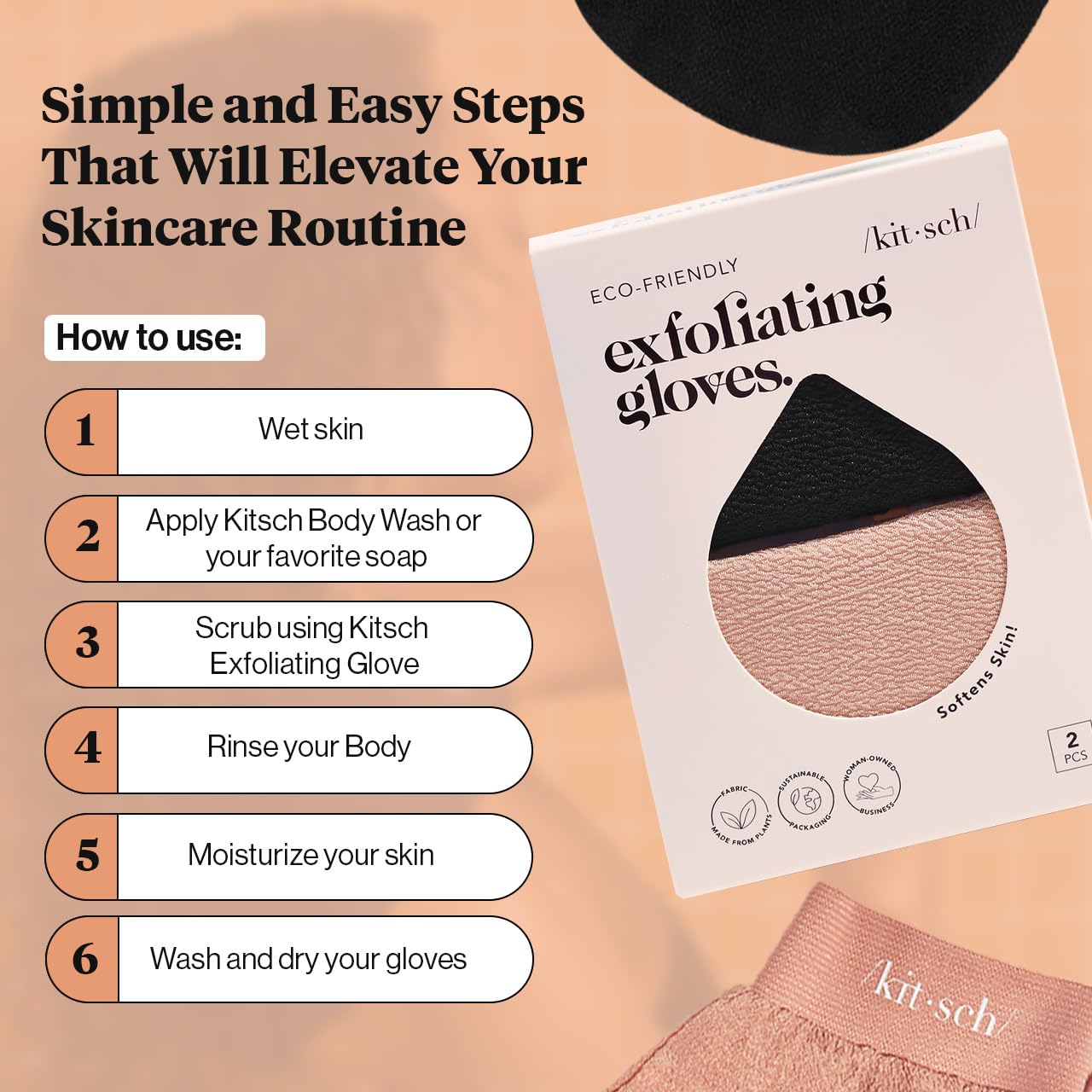 Kitsch Deep Exfoliating Glove 2pcs, Exfoliating Body Scrubber Exfoliator, Korean Exfoliating Mitt, Dead Skin Remover for Skin Cell Renewal, for Shower, Bath, Beauty & Skin Care, Black & Terracotta