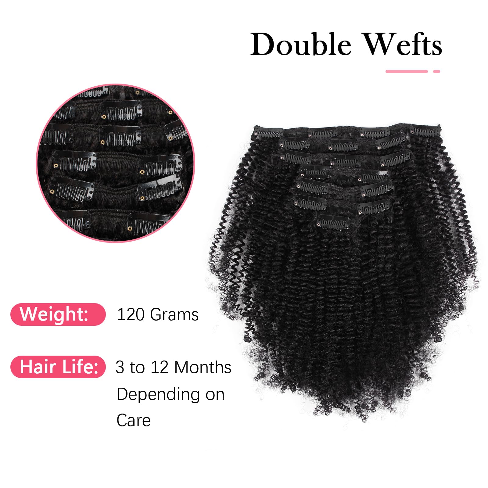 Sassina Top 8A Grade Remy Hair Extensions Clip in For Black Women Natural Black Afro Kinky Coily Clip in Human Hair Double Wefts 120 Grams 7 Pieces/Set With 17 Clips 4AC 12 Inch: 12 inch, Afro Coily