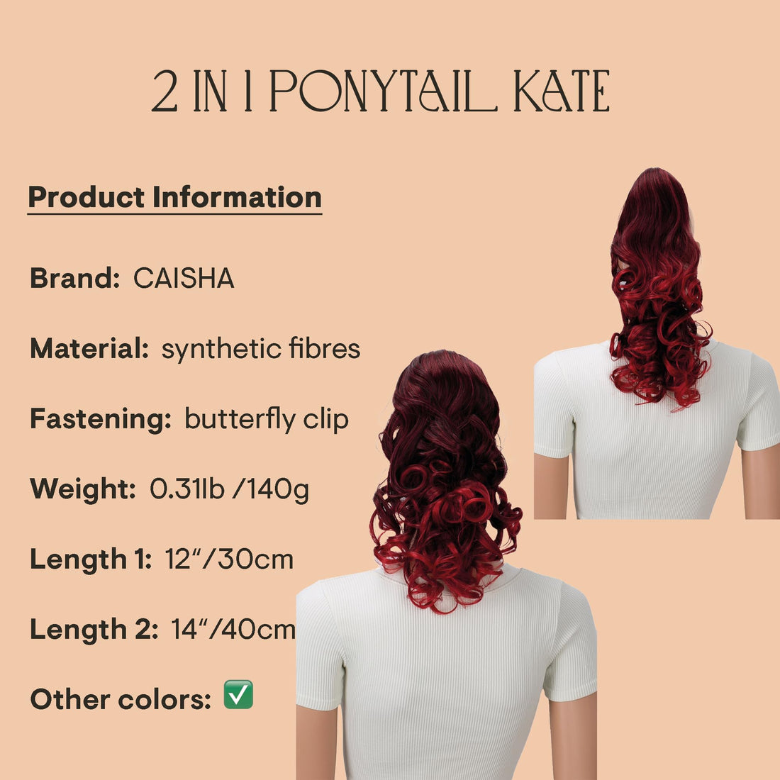 Prettyshop Hairpiece-Ponytail Red Mix # 1T3100 H16-2: Prettyshop 16 Or 20 Hair Piece Clip On Pony Tail Extension 2 In 1 Curled Wavy Heat-Resisting Red Mix # 1T3100 H16-2
