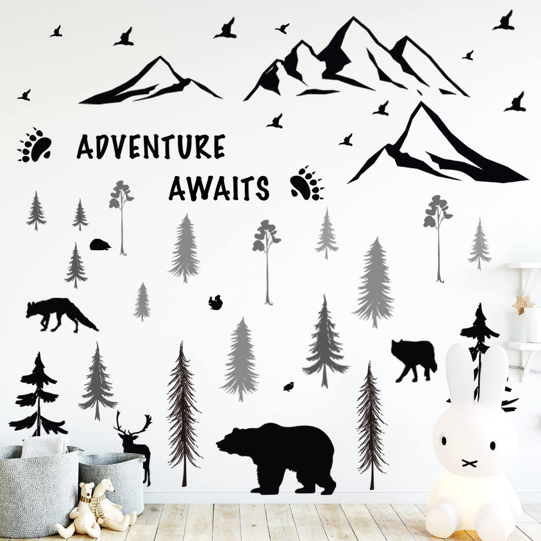 Chinco 4 Sheets Mountain Wall Decal Rustic Wall Stickers Nursery Dreamy Forest with Pine Tree Deer Peel and Stick Inspirational Quote Decals DIY for Kids' Room (Black,11.81 x 9.45 Inches)