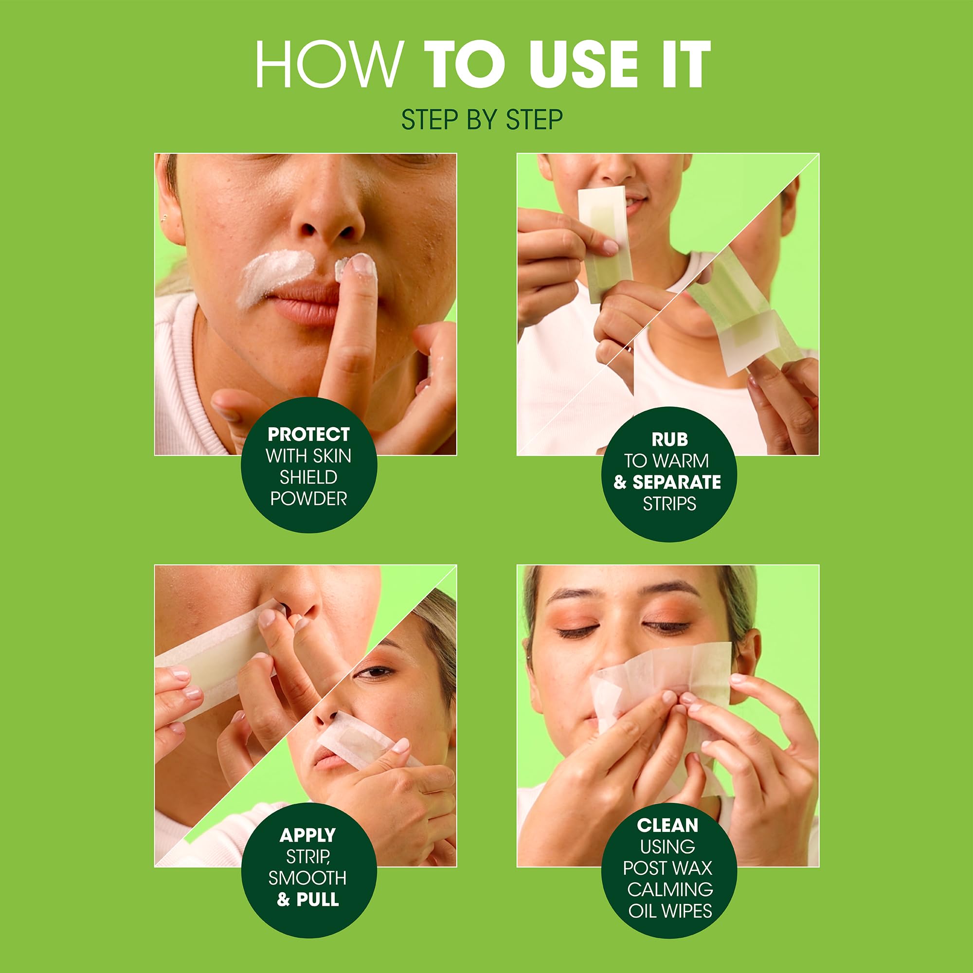 Nad's Facial Wax Strips - Hypoallergenic All Skin Types - Facial Hair Removal For Women - At Home Waxing Kit with 20 Face Wax Strips + 4 Calming Oil Wipes + Skin Protection Powder