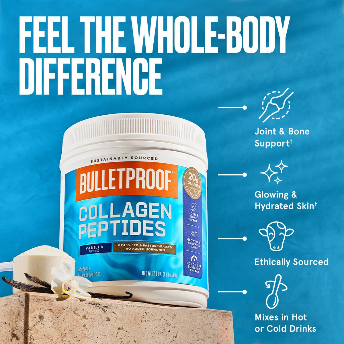 Bulletproof Vanilla Collagen Peptides Powder with MCT Oil, 17.6 Ounces, Grass-Fed Collagen Protein for Skin, Bones and Joints