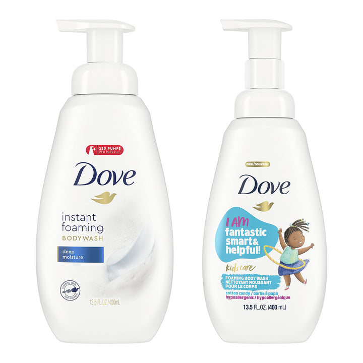 Dove Foaming Body Wash for Soft, Smooth Skin Deep Moisture and Kid's Cotton Candy 2 Skin Care Products for the Family In One Bundle (Pack of 4)