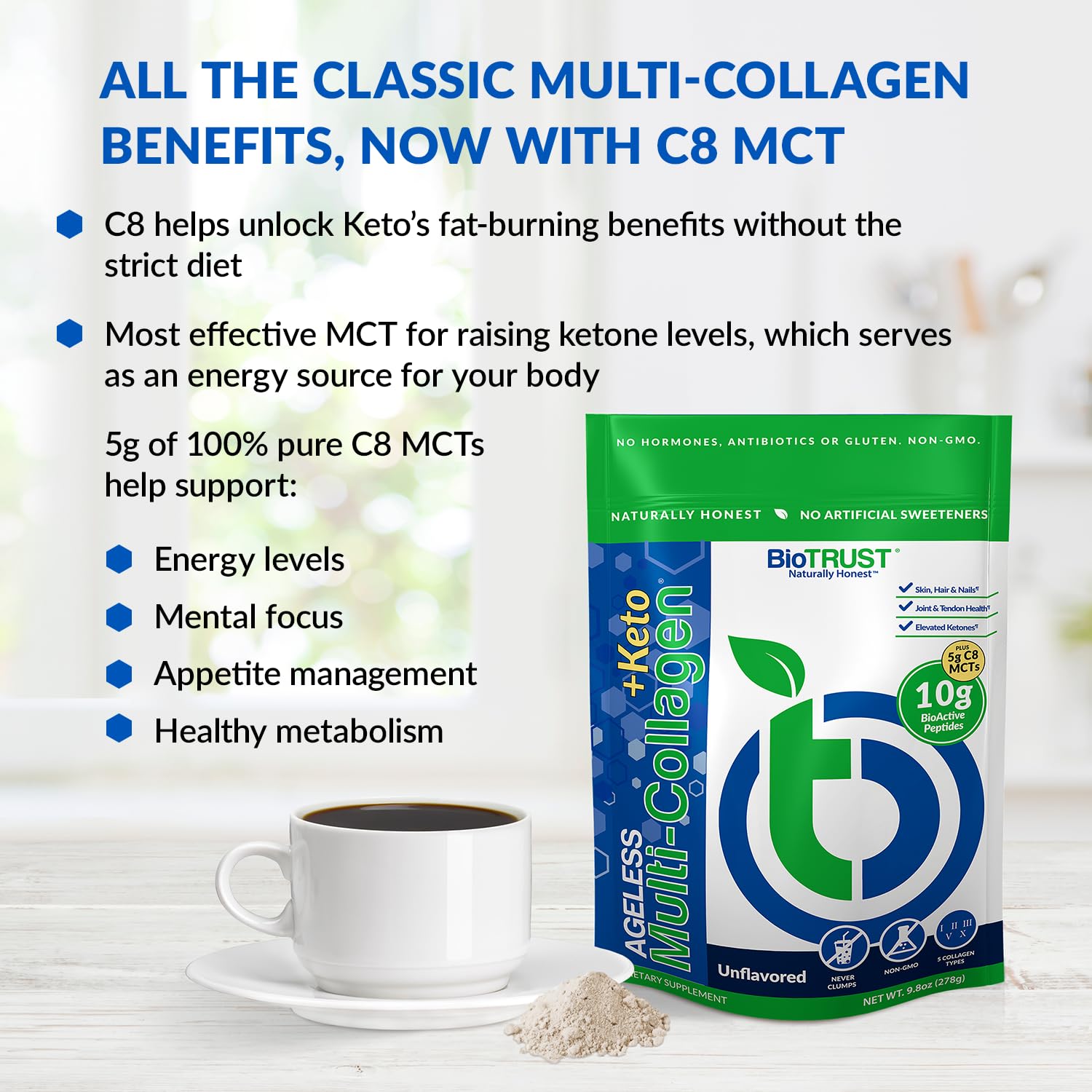BioTrust Multi Collagen Protein Powder + Keto MCT Oil – 5 Types (I, II, III, V, X) & 100% Caprylic Acid C8 - Support Elevated Ketones, Metabolism, Joints & Beauty All in 1 Collagen Powder (Unflavored)