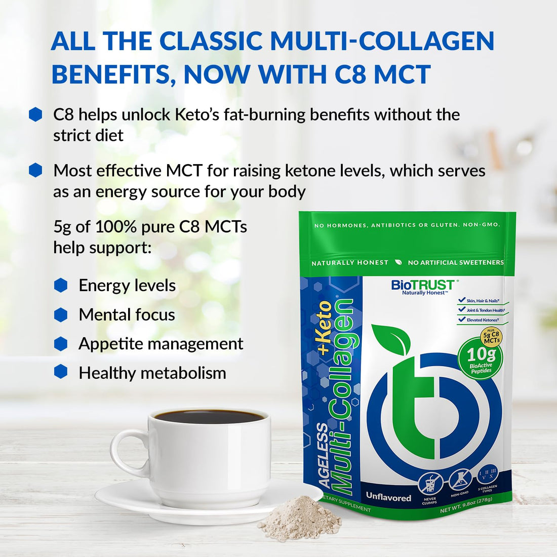 BioTrust Multi Collagen Protein Powder + Keto MCT Oil – 5 Types (I, II, III, V, X) & 100% Caprylic Acid C8 - Support Elevated Ketones, Metabolism, Joints & Beauty All in 1 Collagen Powder (Unflavored)