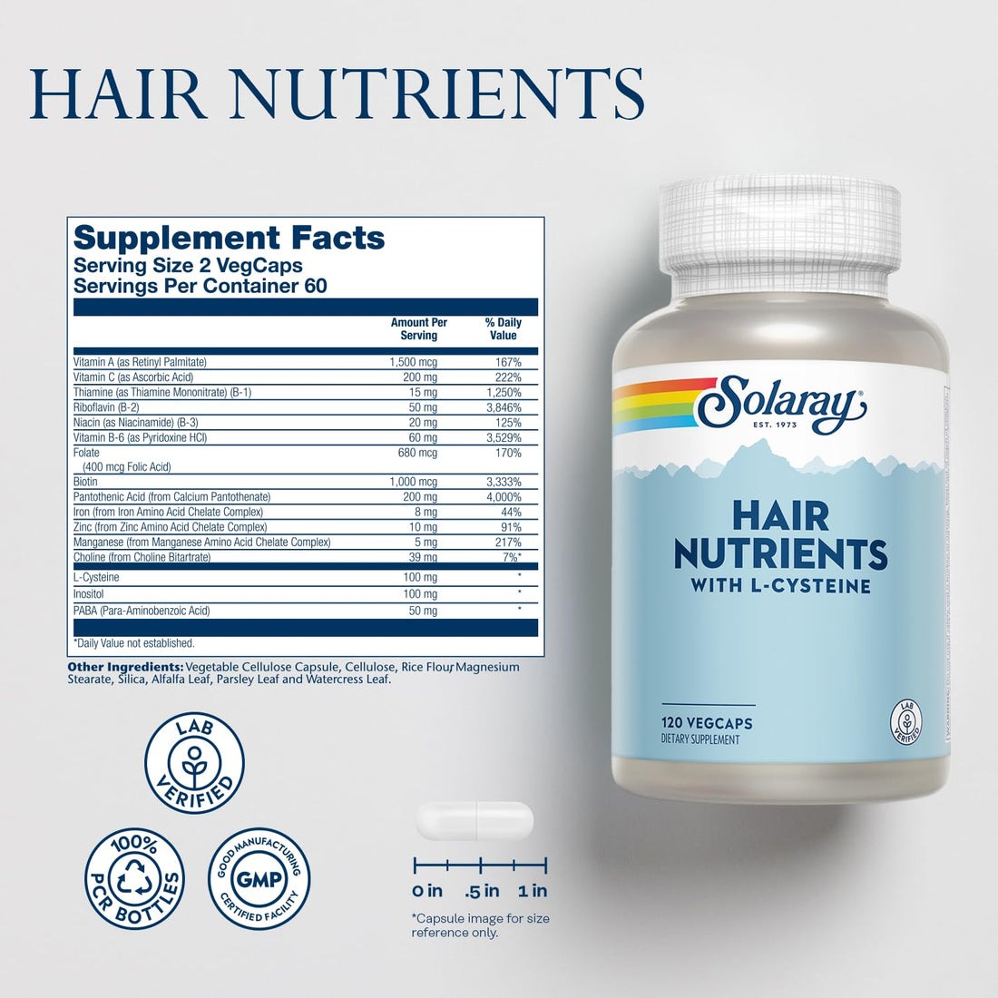 Solaray Hair Nutrients with L-Cysteine - Hair Vitamins with Biotin for Hair Growth Support - Hair Skin and Nails Vitamins for Women and Men - Lab Verified, 60-Day Guarantee - 60 Servings, 120 VegCaps