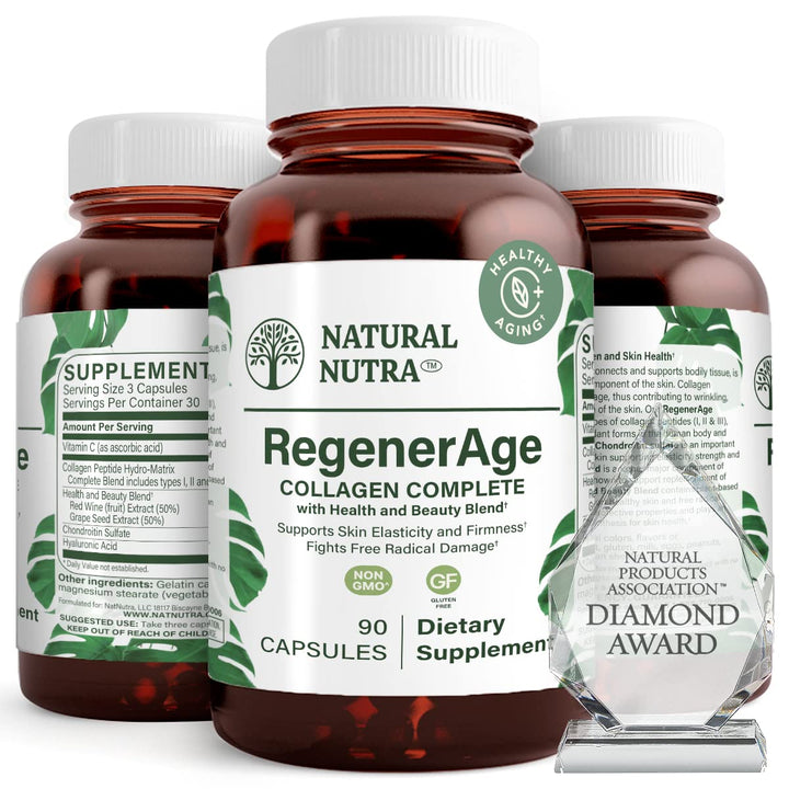 Natural Nutra RegenerAge Complete Supplement for Skin Health with Protein Peptides, Reduce Stretch Marks, Contributes Overall Health, Vitamin C, Grape Seed Red Wine Extract, Gluten Free, 90 Capsules.