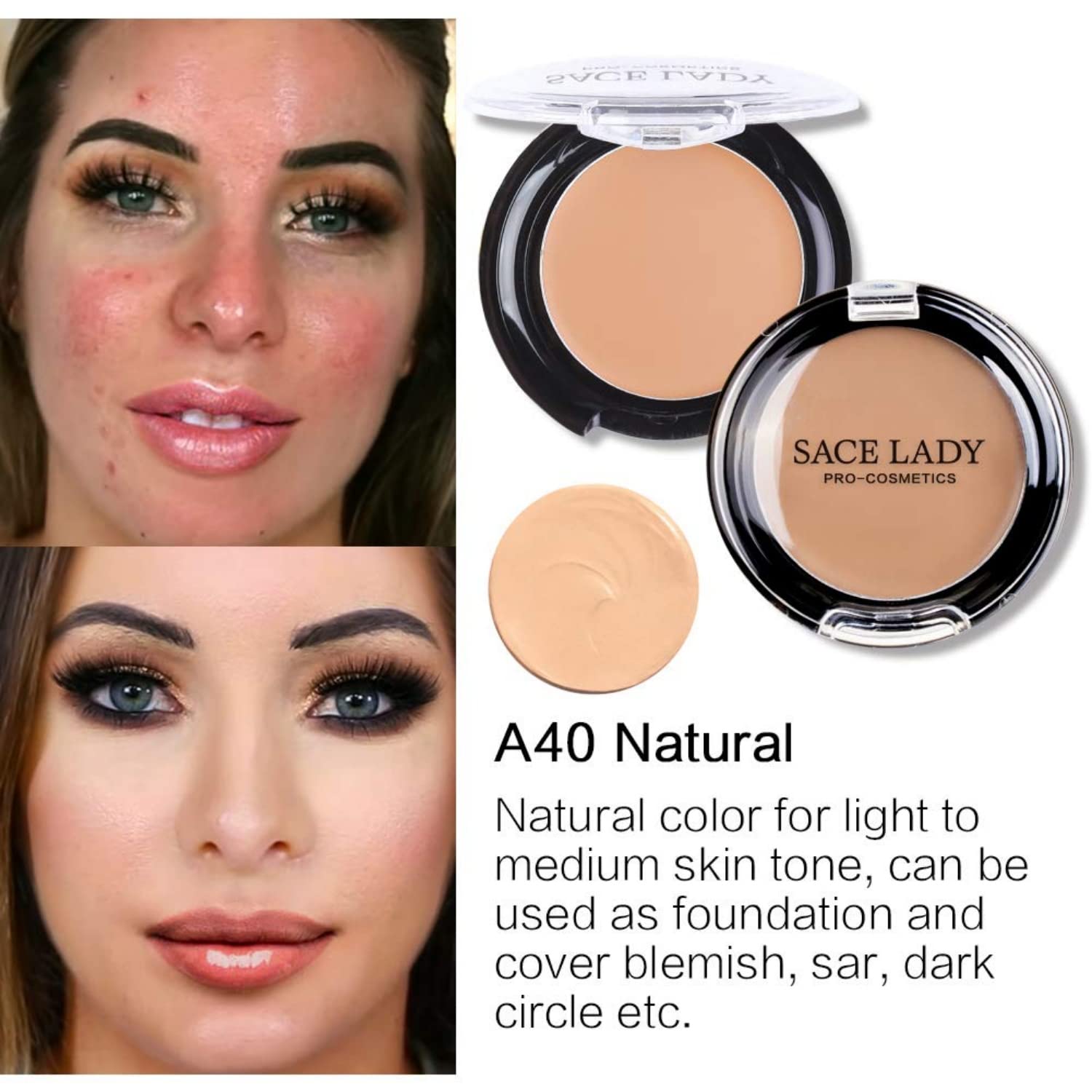 Waterproof Full Coverage Concealer With Primer Sponge Set, Smooth Matte Flawless Creamy Liquid Foundation Corrector Makeup Kit for Face Eye Dark Circles Spot Acne Scar Cover (0.2Fl, Natural)