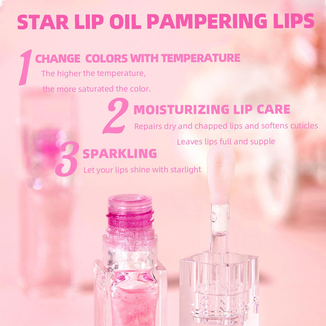 Color Changing Lip Oil PH,Warm Change Glitter Lip Gloss,Magic Big Brush Color Changing Lip Oil,Long Lasting Nourishing Lip Glow Oil Non-sticky Primer Lip Tint