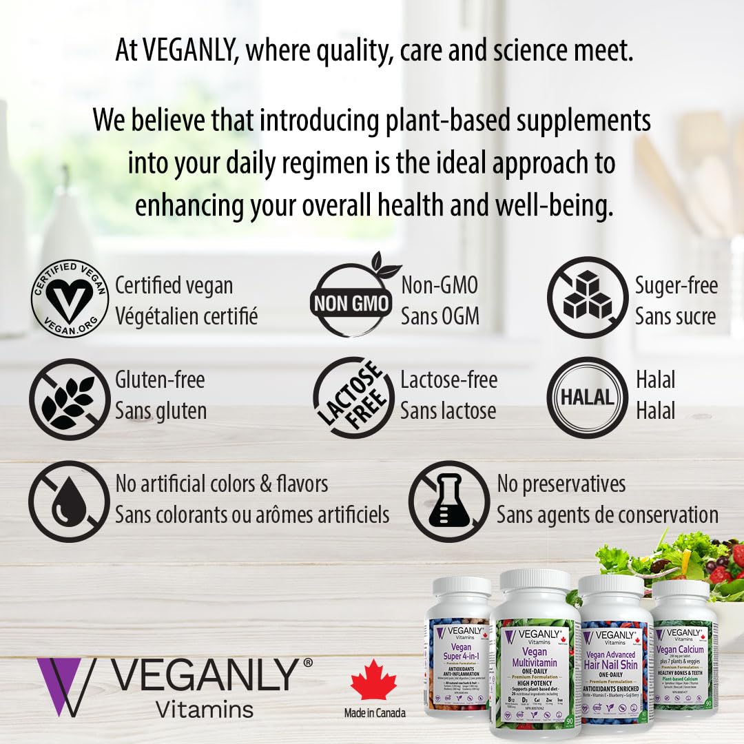 VEGANLY Vitamins Vegan Multivitamin One-Daily, (90 Veg Tablets). Complete Vegan Nutrition Support for Plant-Based, Vegan or Vegetarian Diets. 26 Essentials with High Potency in B12 & D3.