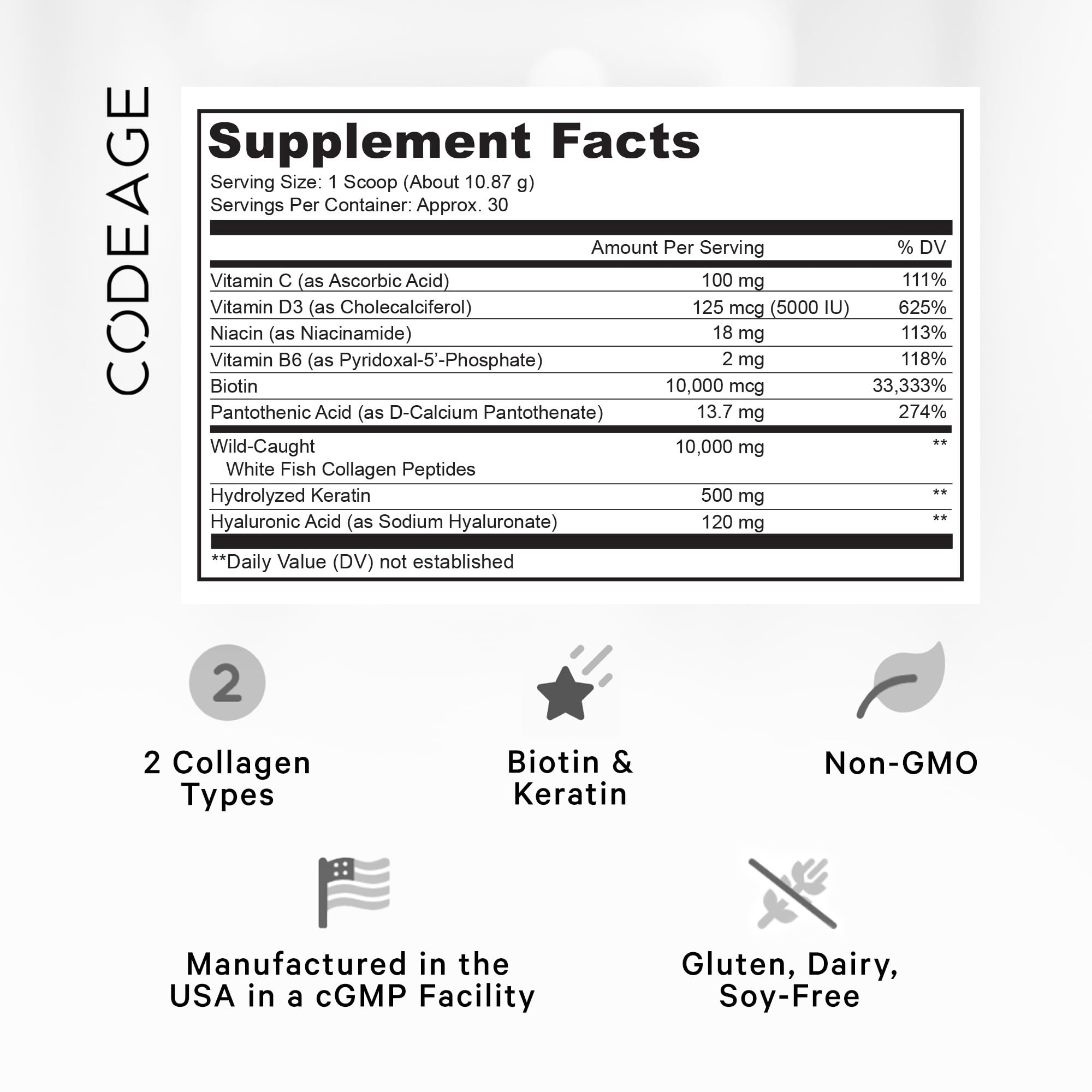 Codeage Marine Collagen Protein Powder Supplement Platinum - Biotin 10,000 mcg, Vitamin C, D3 & B6, Keratin, Hyaluronic Acid, Niacin, Wild Caught Hydrolyzed Fish Collagen Peptides - Non-GMO - 11.50 oz