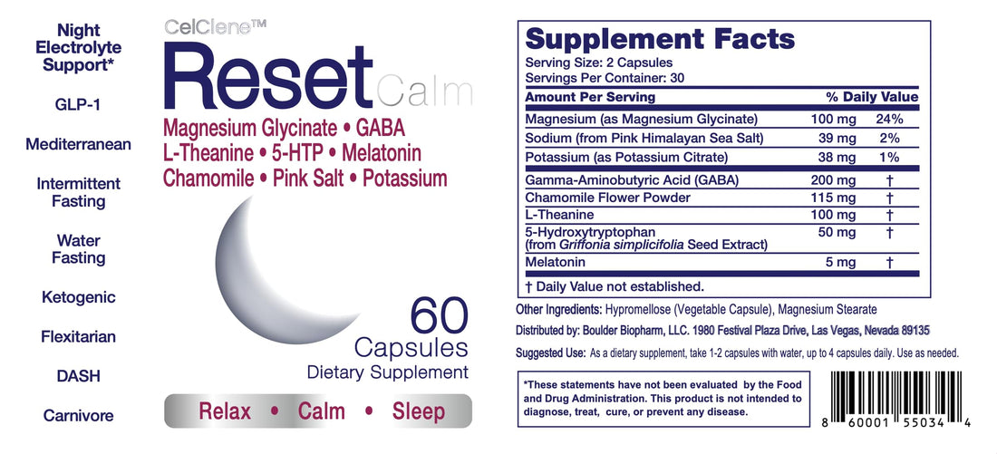 ResetCalm Night Electrolyte Formula, Magnesium Glycinate, 5-HTP, GABA, L-Theanine, Chamomile and Melatonin