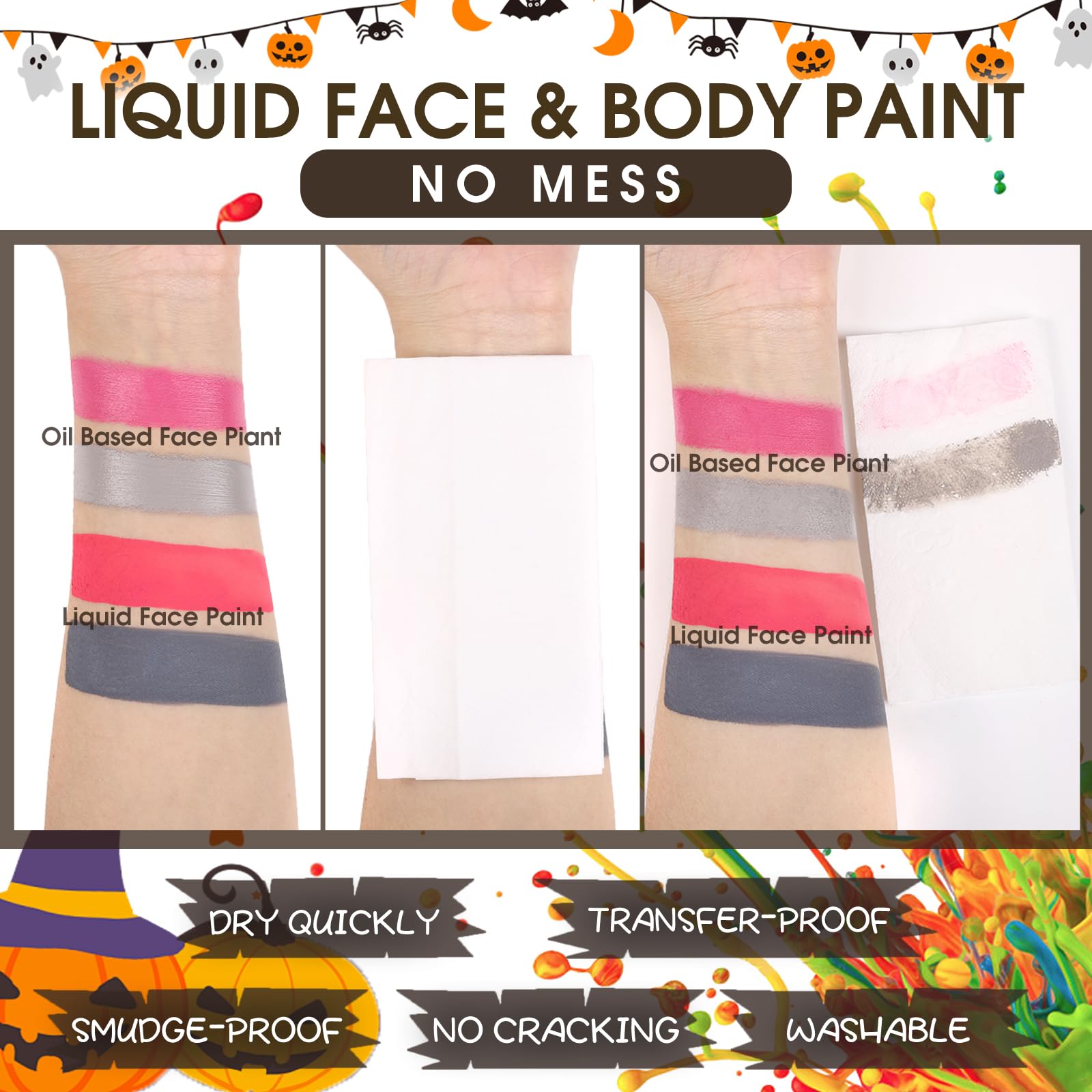 BOBISUKA Black Face Body Paint Liquid Texture Washable Non Toxic Facepaint Fast Drying Foundation Makeup for Halloween Clown Skeleton Skull Cosplay SFX Costume Party Large Capacity(130ml)