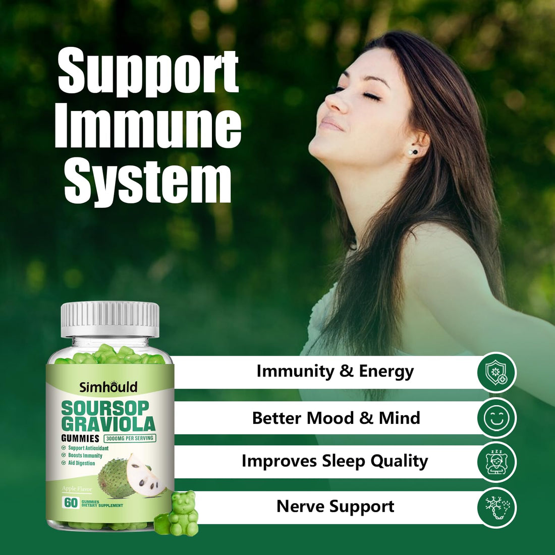 2 Pack Soursop Graviola Gummies - 3000mg Extra Strength Soursop Leaves Supplement with Vitamin C, Zinc - Digestive Aid, Immune Support & Antioxidant - Sugar-Free, Non-GMO, Vegan, 120 Counts