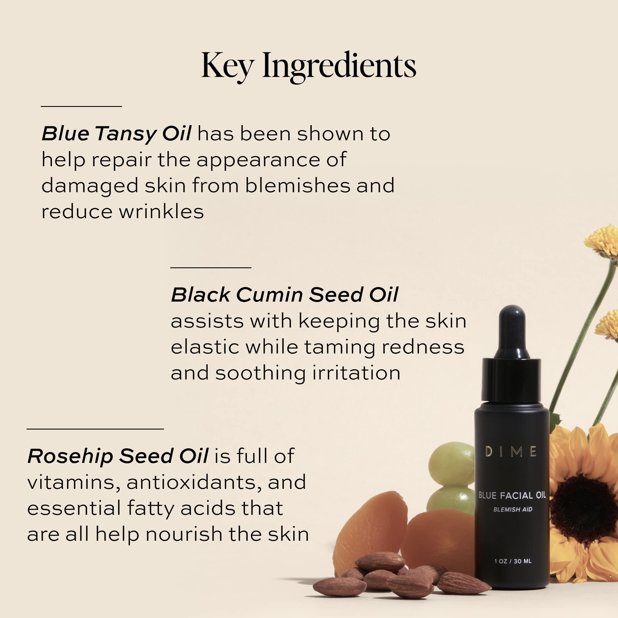 DIME Beauty Blue Facial Oil, Blemish Spot Treatment with Blue Tansy Oil, Black Cumin Seed Oil, Rosehip Oil, and Grapeseed Oil, 1 oz / 30 mL