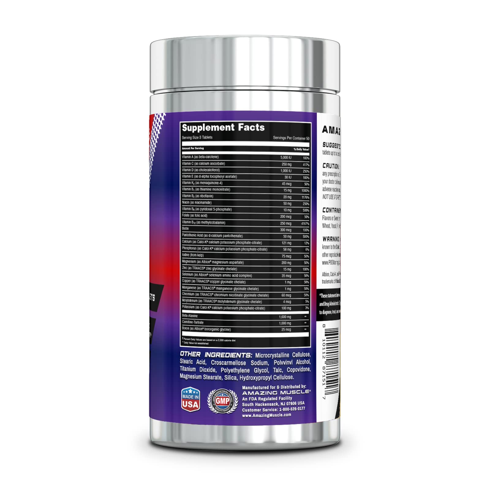 Amazing Muscle Performance Multivitamin for Men & Women | Contains Vitamins A, C, D, E, K2, B1, B2, B6, B12, Minerals, Calcium, Beta Alanine, Carnitine & More | 150 Tablets Supplement