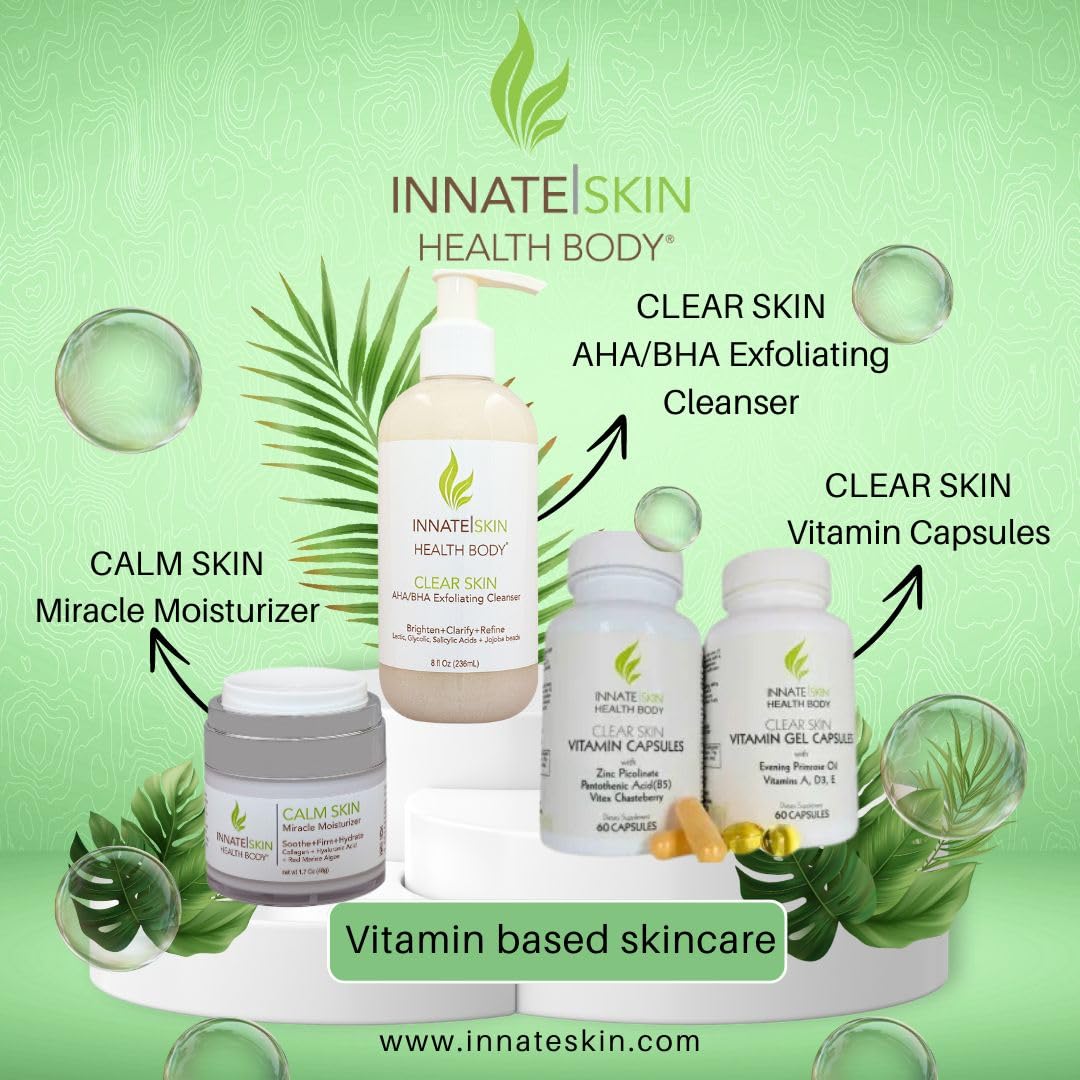 Clear Skin Acne Vitamin Gel Capsules with Evening Primrose Oil, Vitamin A, D (D3) and E 60 Caps All Natural Complex Skin Nutrition multivitamin Supplement by Innate Skin