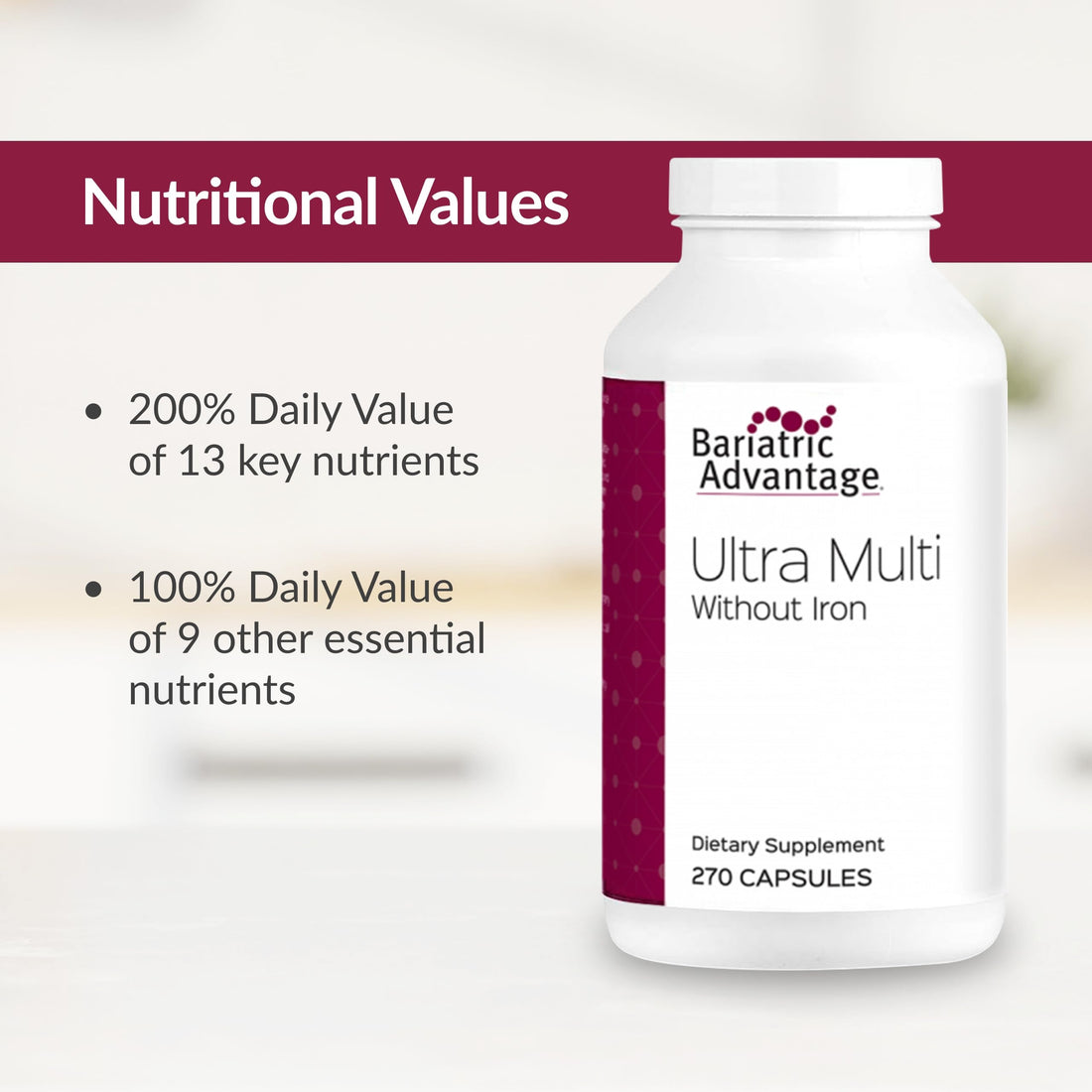 Bariatric Advantage Ultra Multi Without Iron - High Potency Multivitamin - for Bariatric Surgery Patients - Bariatric Multivitamin Capsule - with Calcium, Vitamin C & More - 270 Capsules
