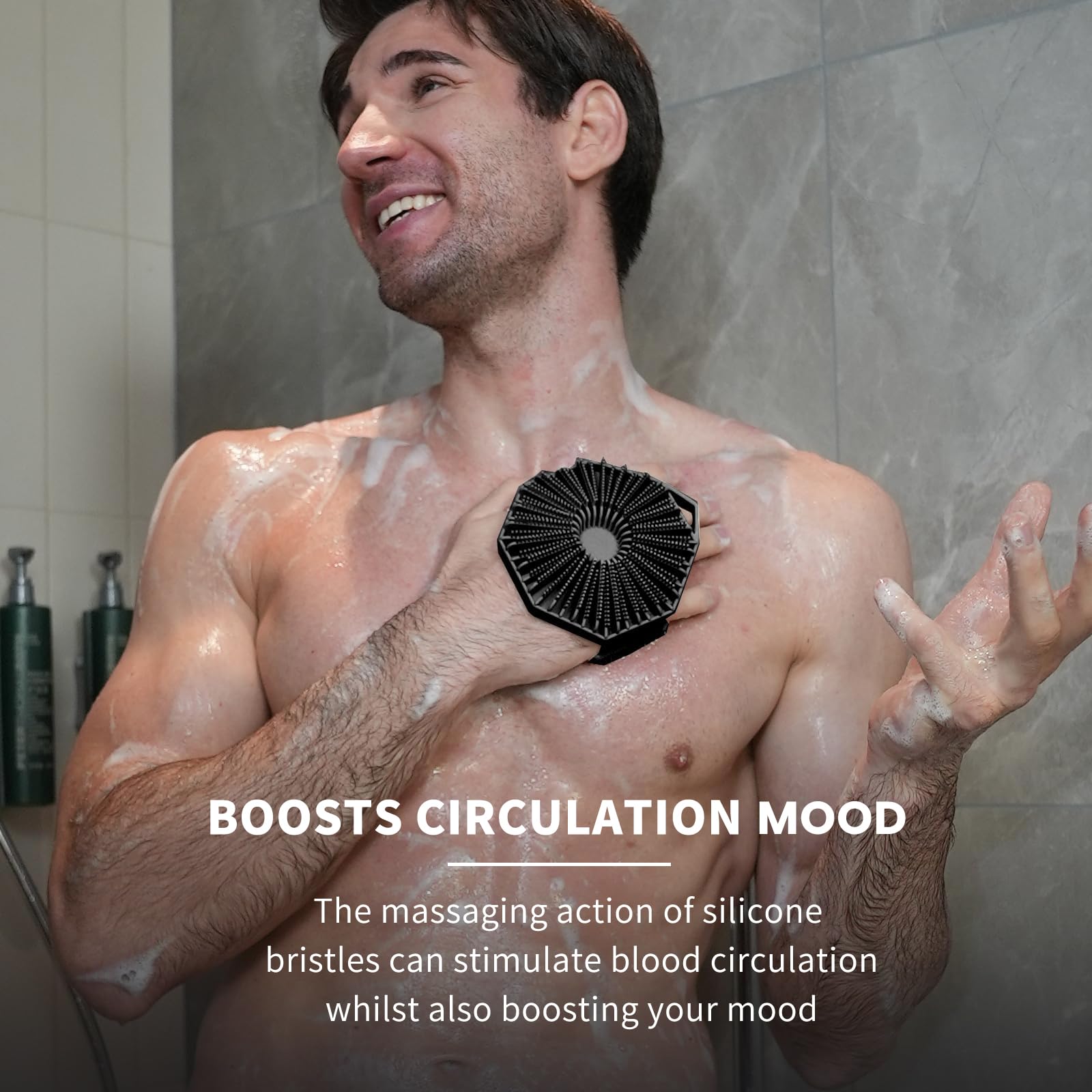 iTokGoK® Premium Silver-Infused Dual-Sided Design 2-in-1 Silicone Body Scrubber for Shower,Body Brush Buffer Scrubber for Men and Women for All Skin, Ergonomic No-Slip Handle, Easy to Clean - Black