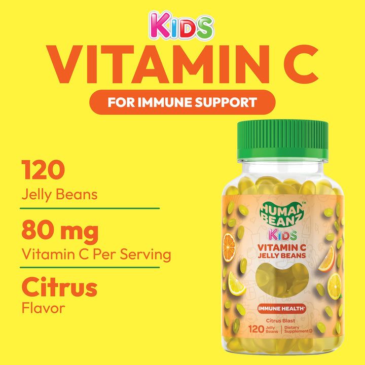 Human Beanz Vitamin C Jelly Bean Gummies for Kids, Immune Support Dietary Supplements, Vegetarian, 120 Citrus Blast Jelly Beans, Kosher